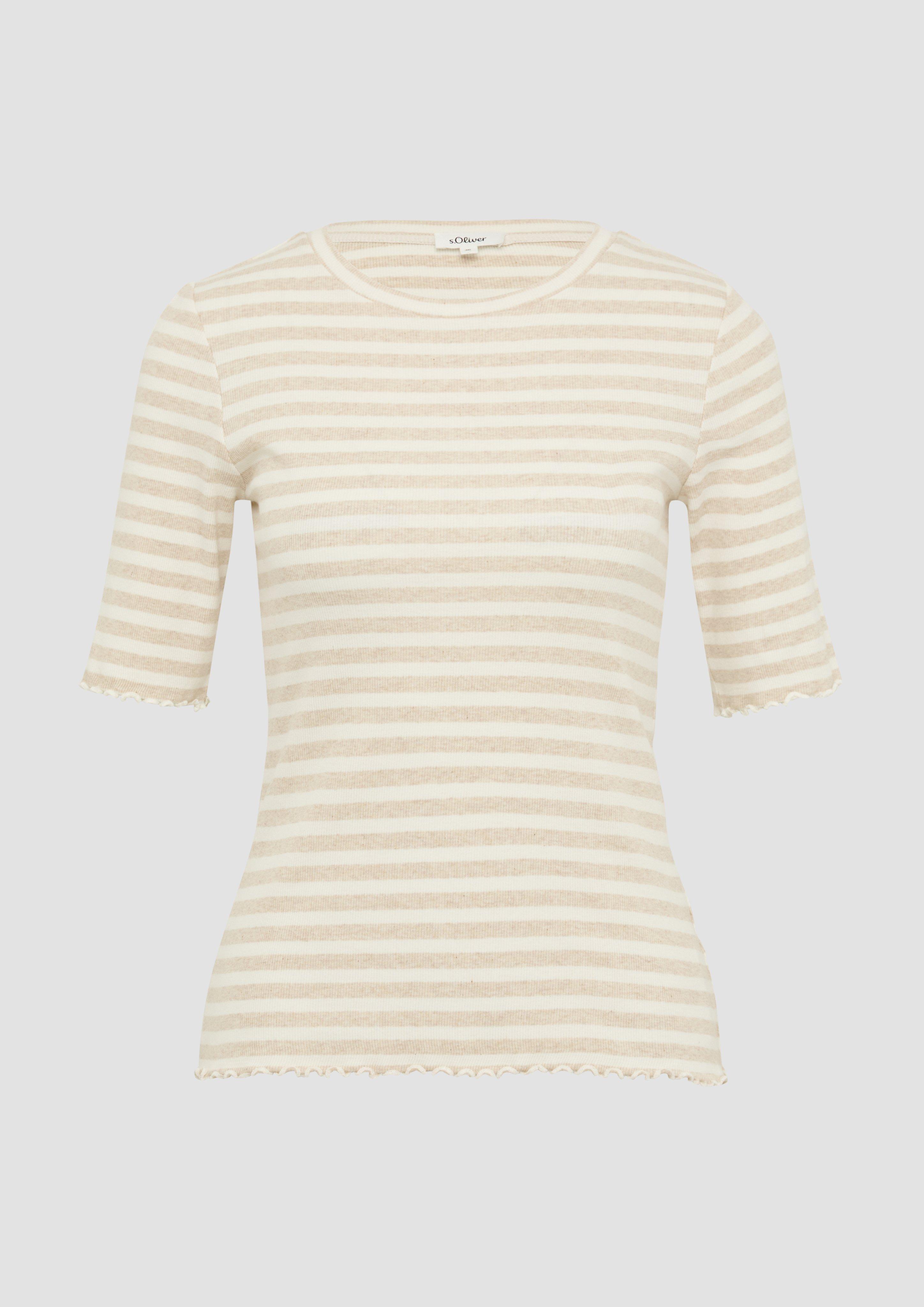 s.Oliver - Geripptes T-Shirt mit Ziersaum, Damen, beige|weiß