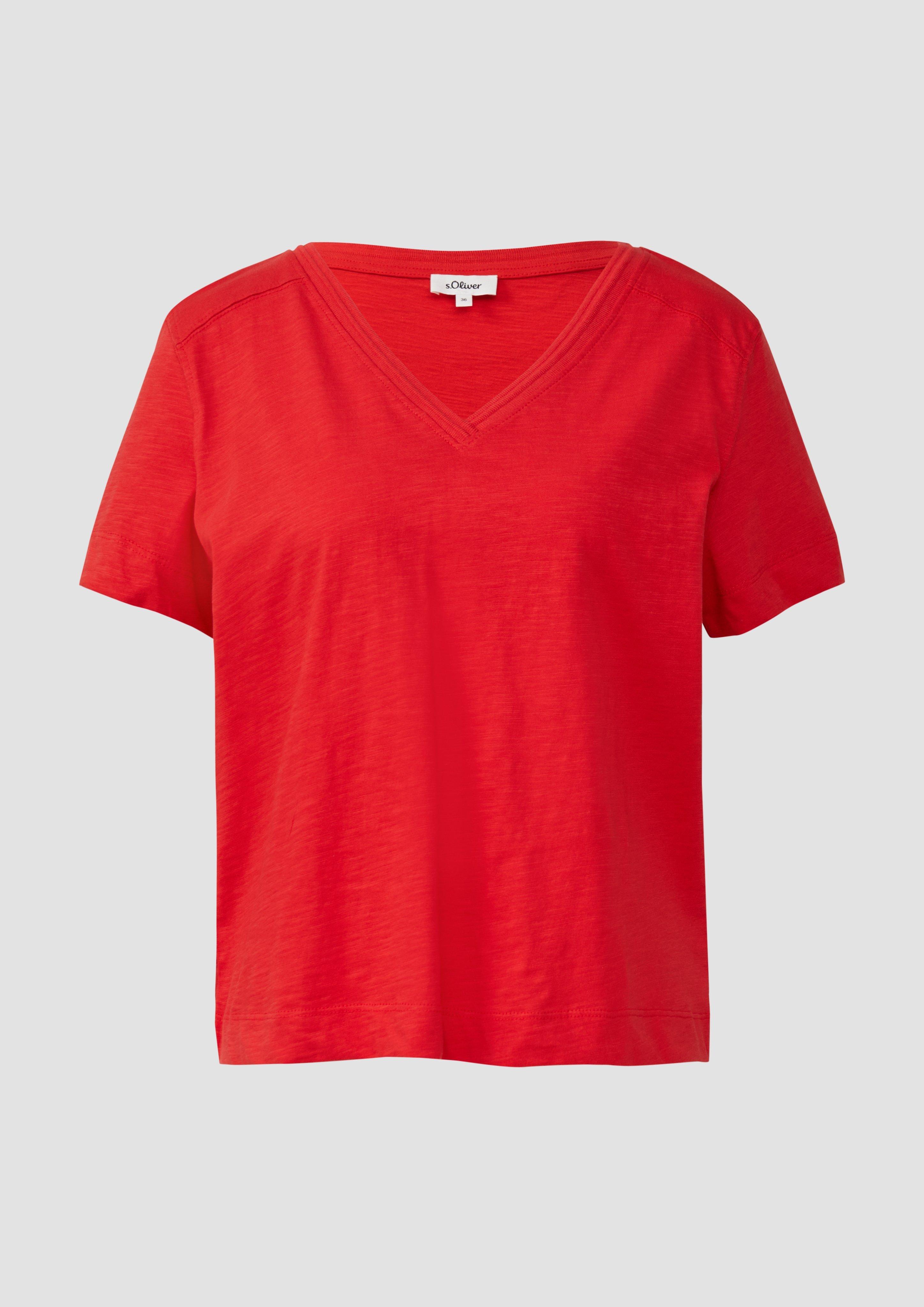 s.Oliver - T-Shirt aus Flammgarn mit V-Ausschnitt, Damen, rot