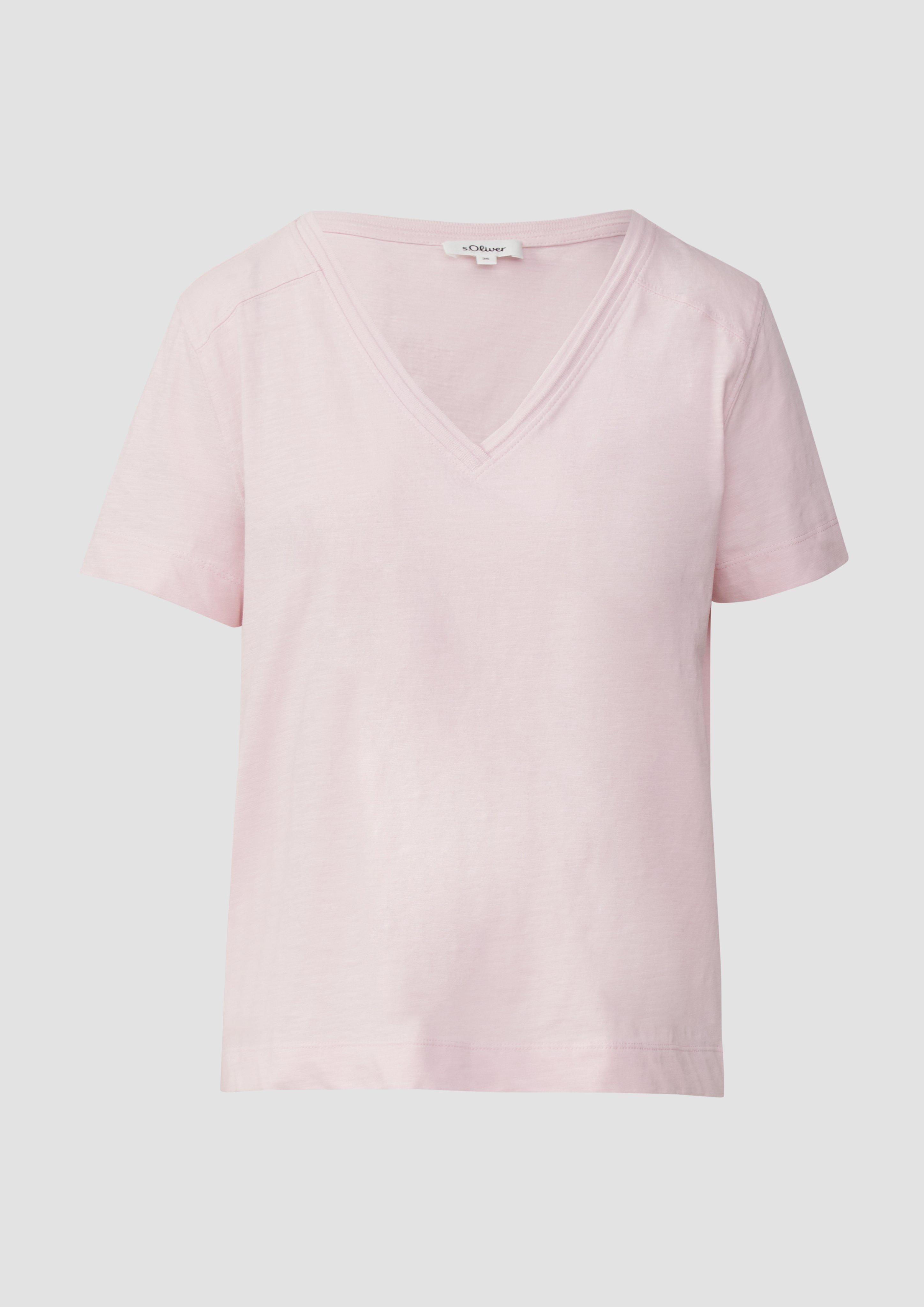s.Oliver - T-Shirt aus Flammgarn mit V-Ausschnitt, Damen, Rosa