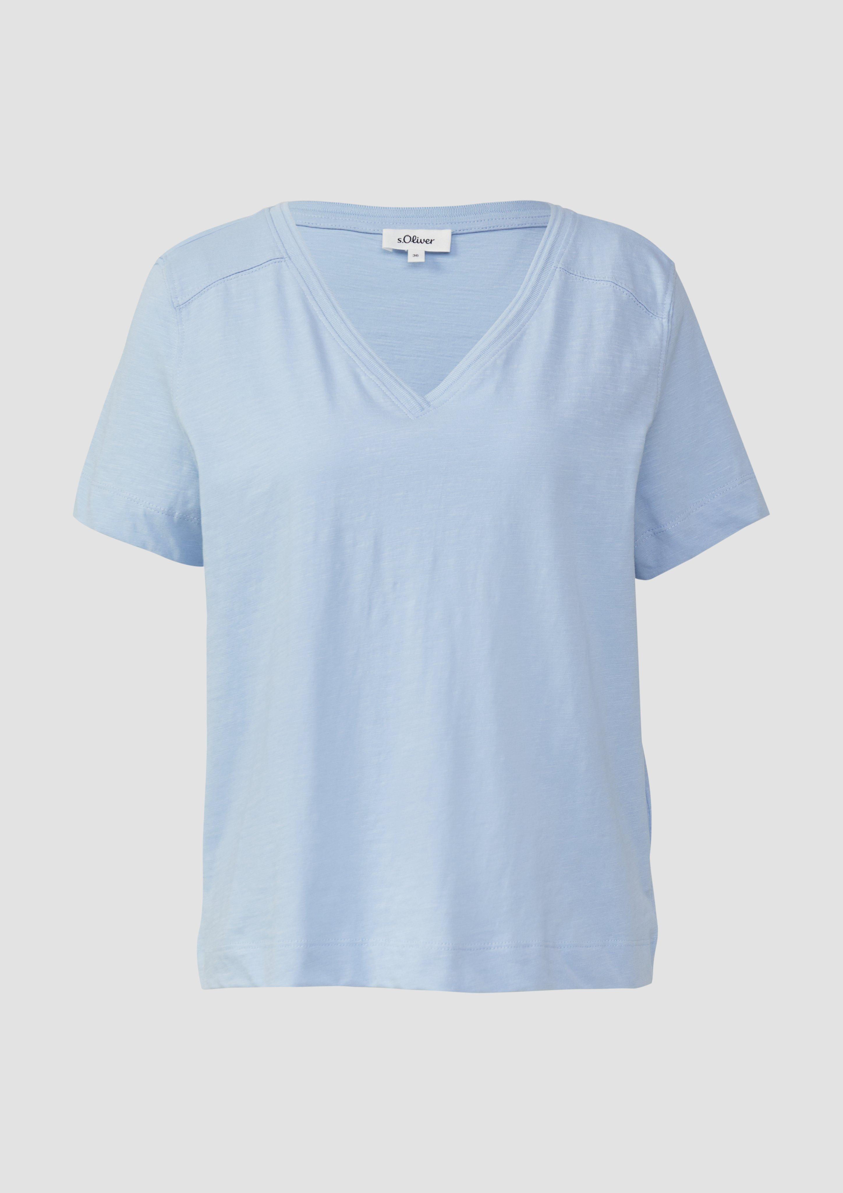 s.Oliver - T-Shirt aus Flammgarn mit V-Ausschnitt, Damen, blau