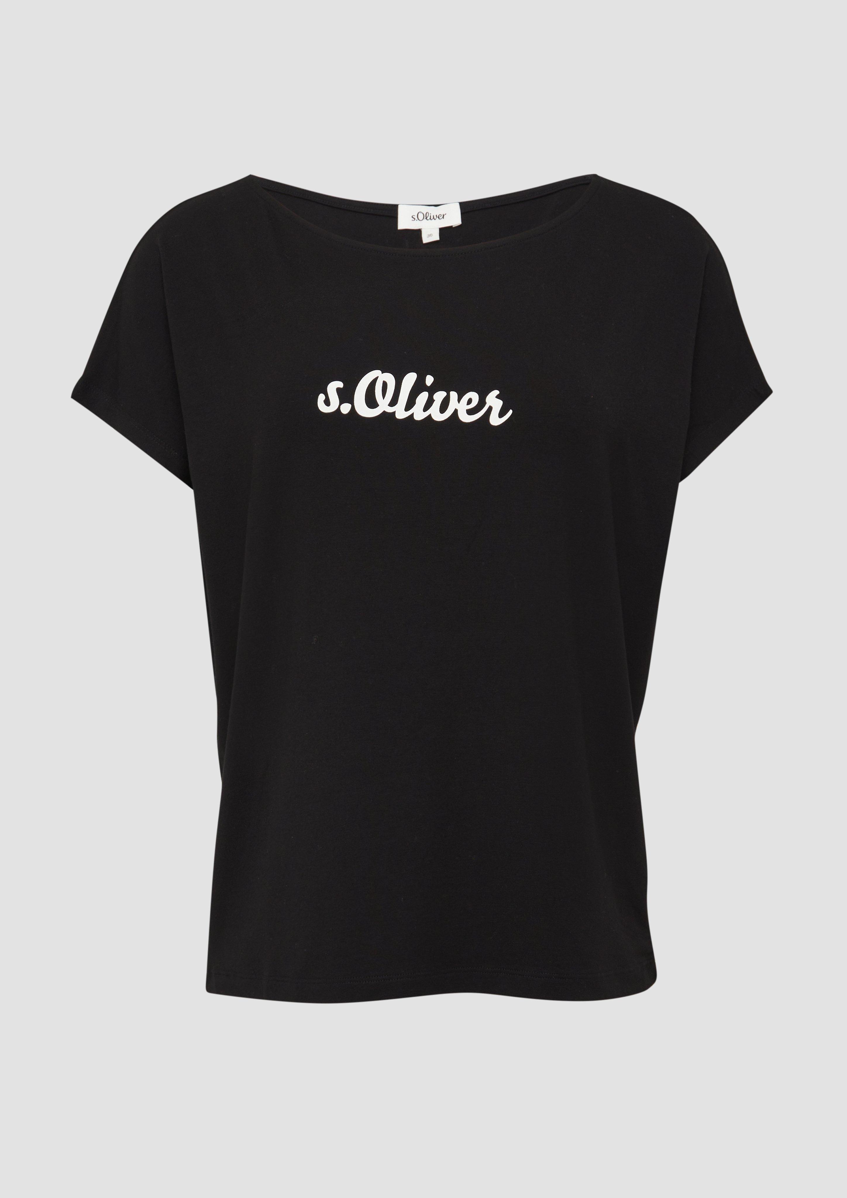 s.Oliver - Fließendes Jersey-Shirt mit Artwork und überschnittenen Schultern, Damen, schwarz