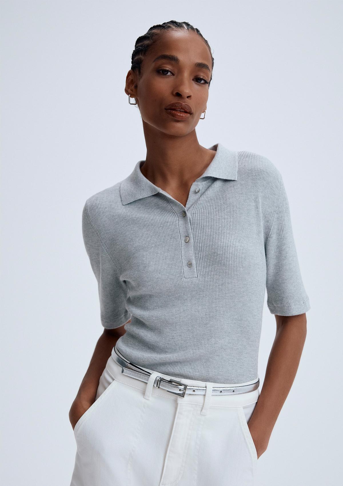Rib knit top in a slim fit with a polo collar light grey Comma