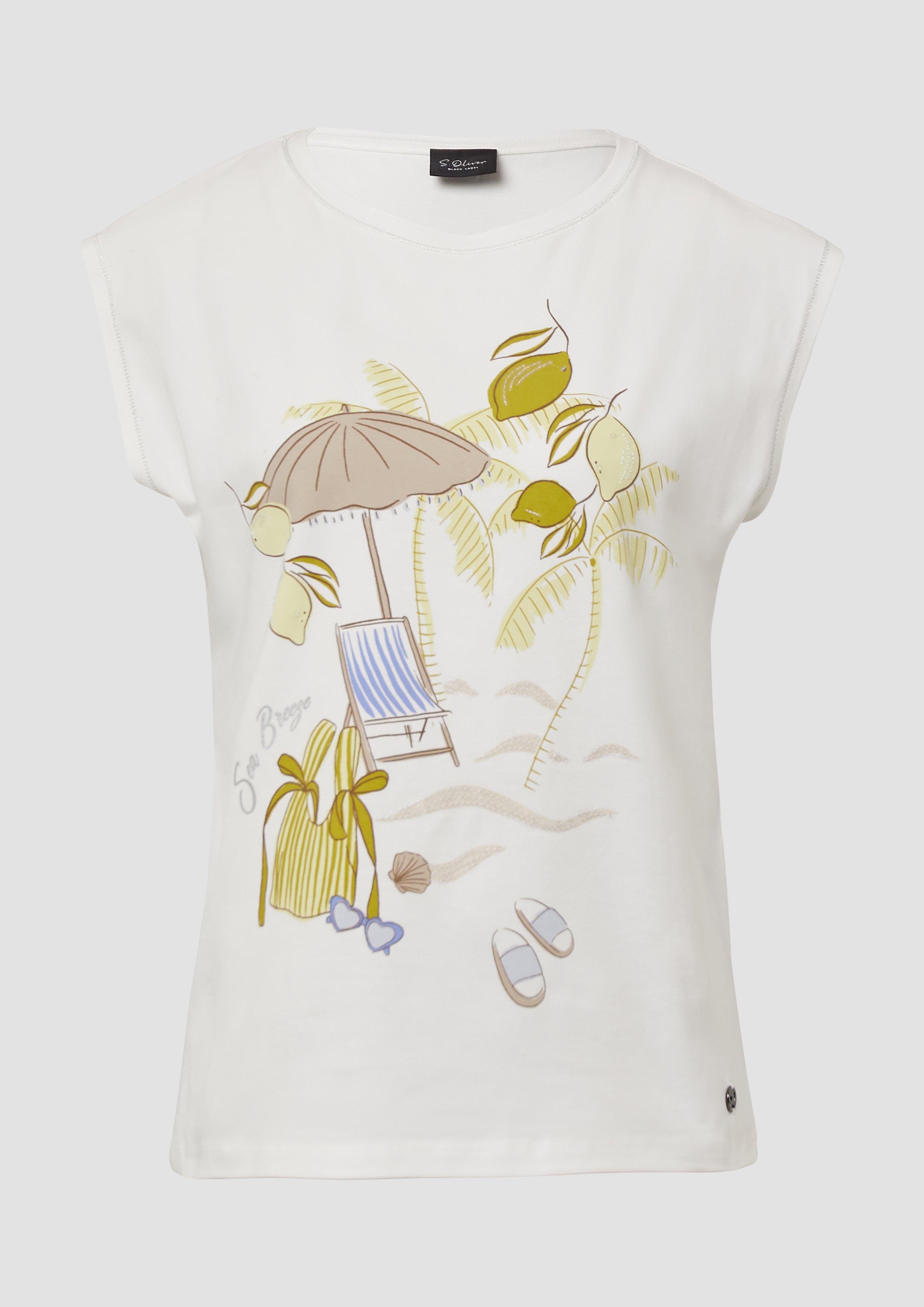 s.Oliver - Jersey-T-Shirt mit Artwork und Glitzerdetails, Damen, creme