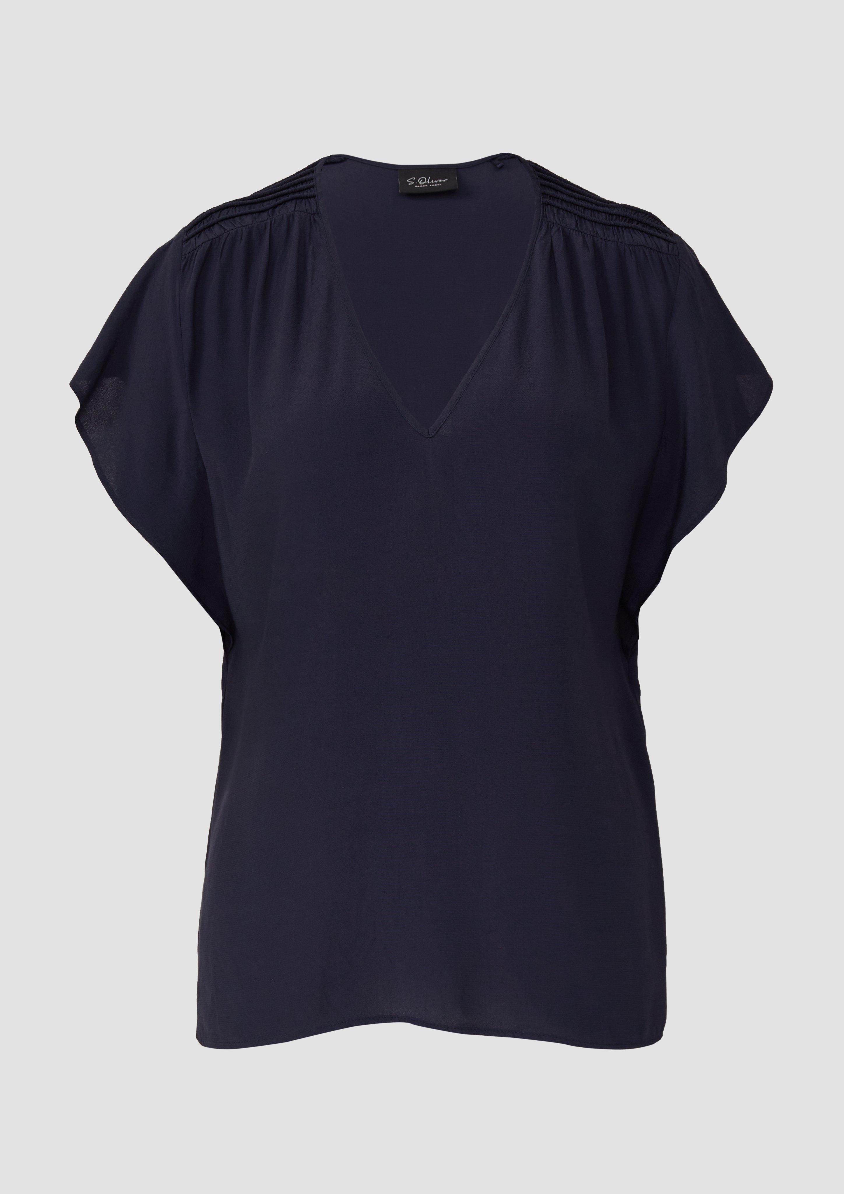 s.Oliver - Fließende Viskosebluse mit Smok-Effekt und Volantärmeln, Damen, blau