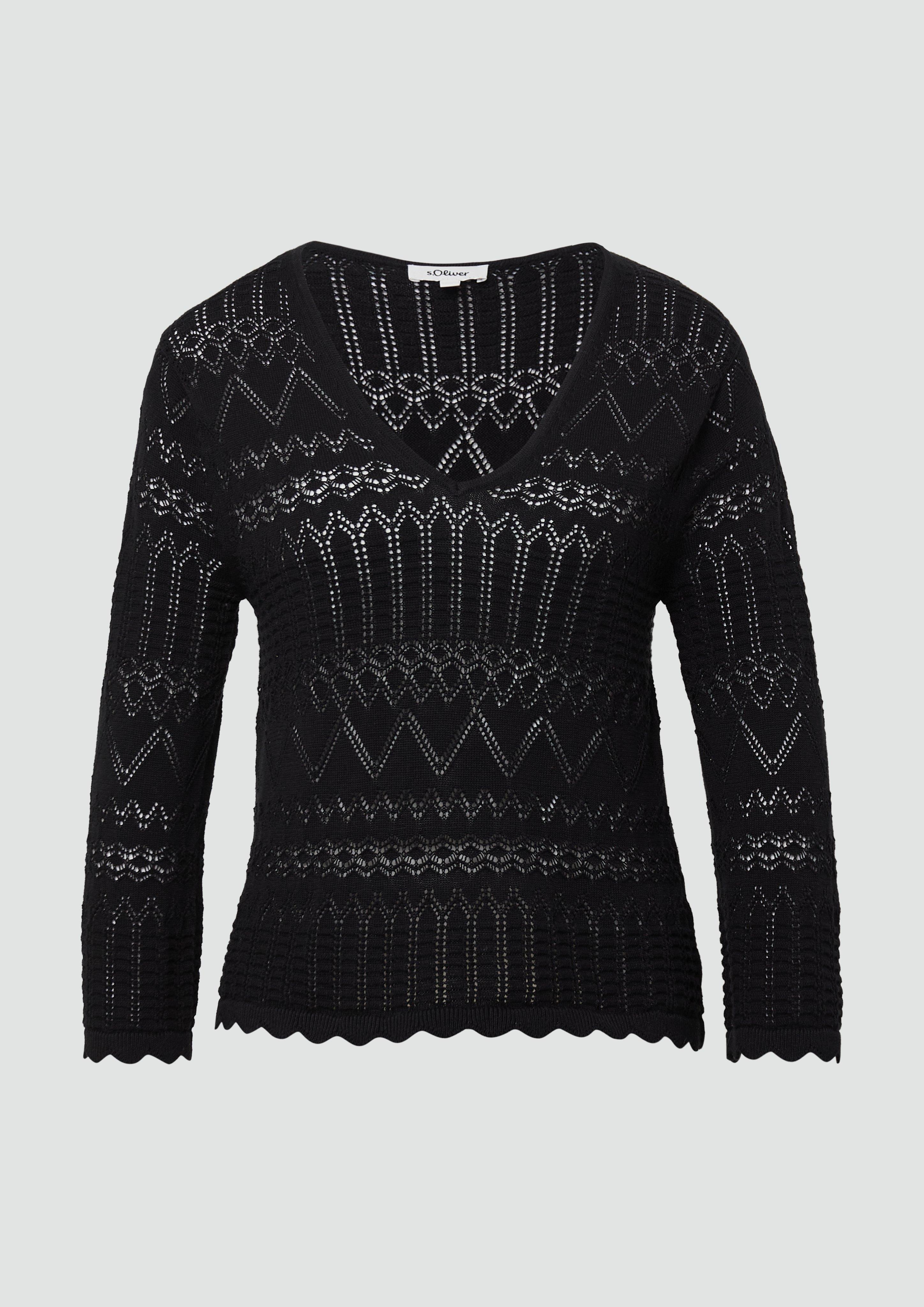 s.Oliver - Ajour-Strickpullover mit 3/4-Ärmeln, Damen, schwarz