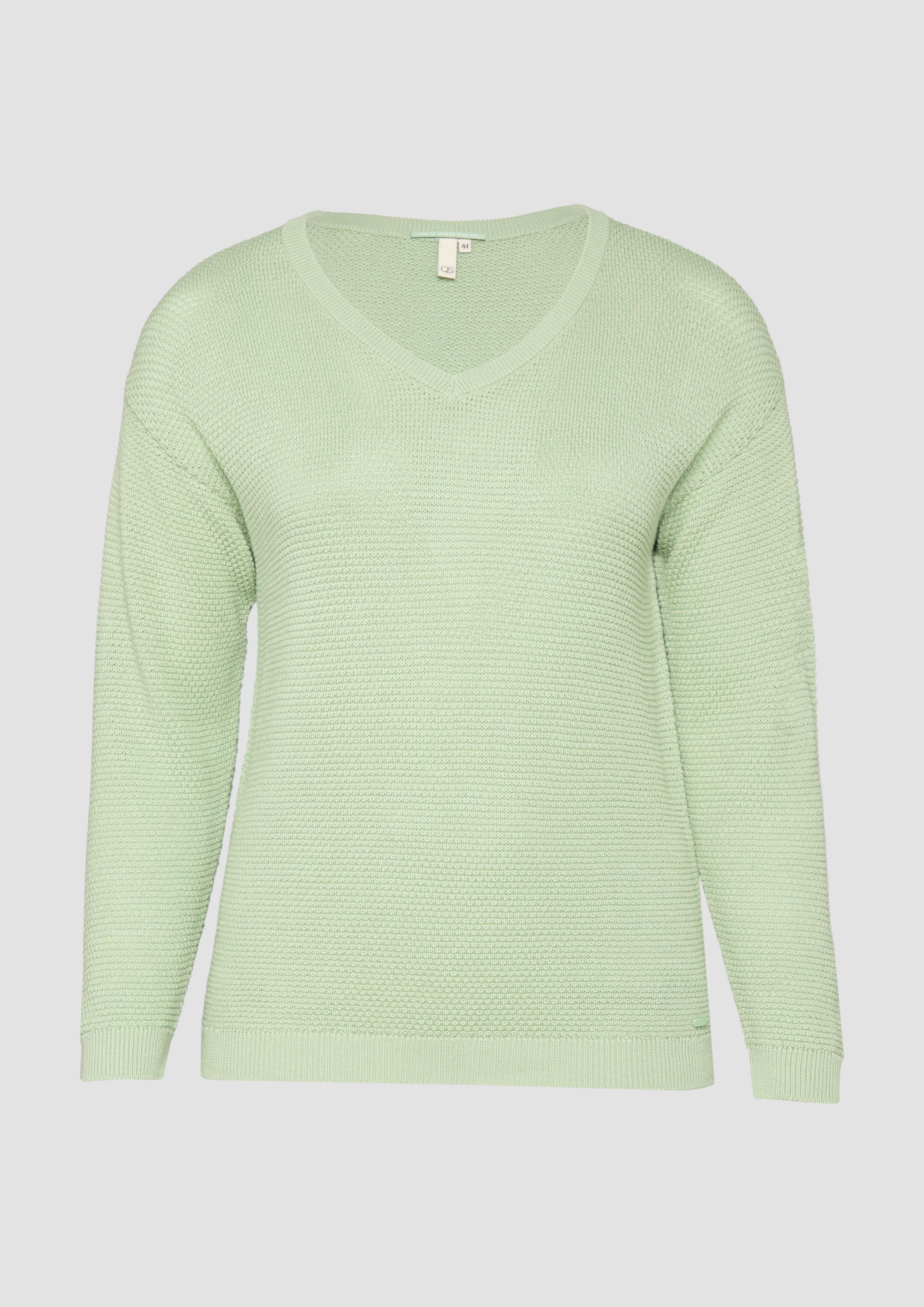 QS - Pullover mit Strukturmuster und V-Ausschnitt, Damen, grün