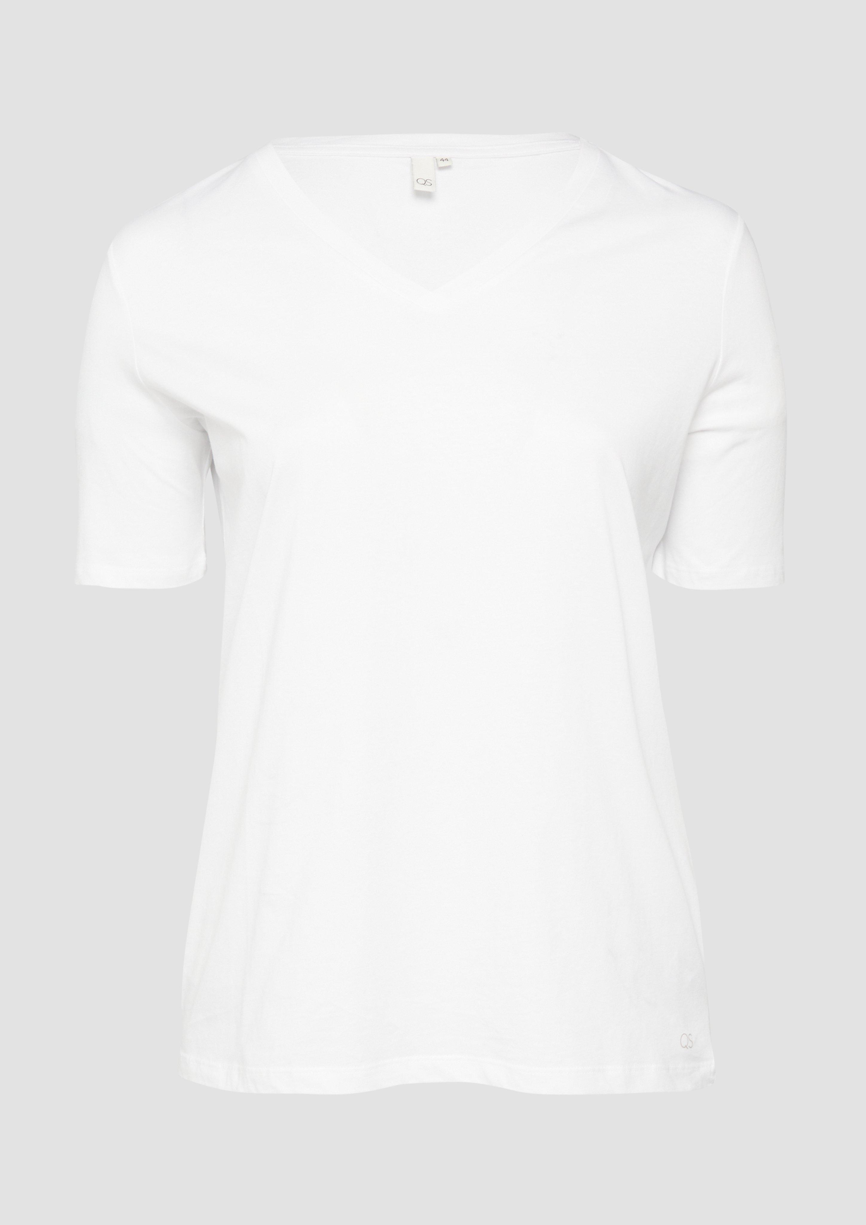 QS - Baumwollshirt mit V-Ausschnitt, Damen, weiß