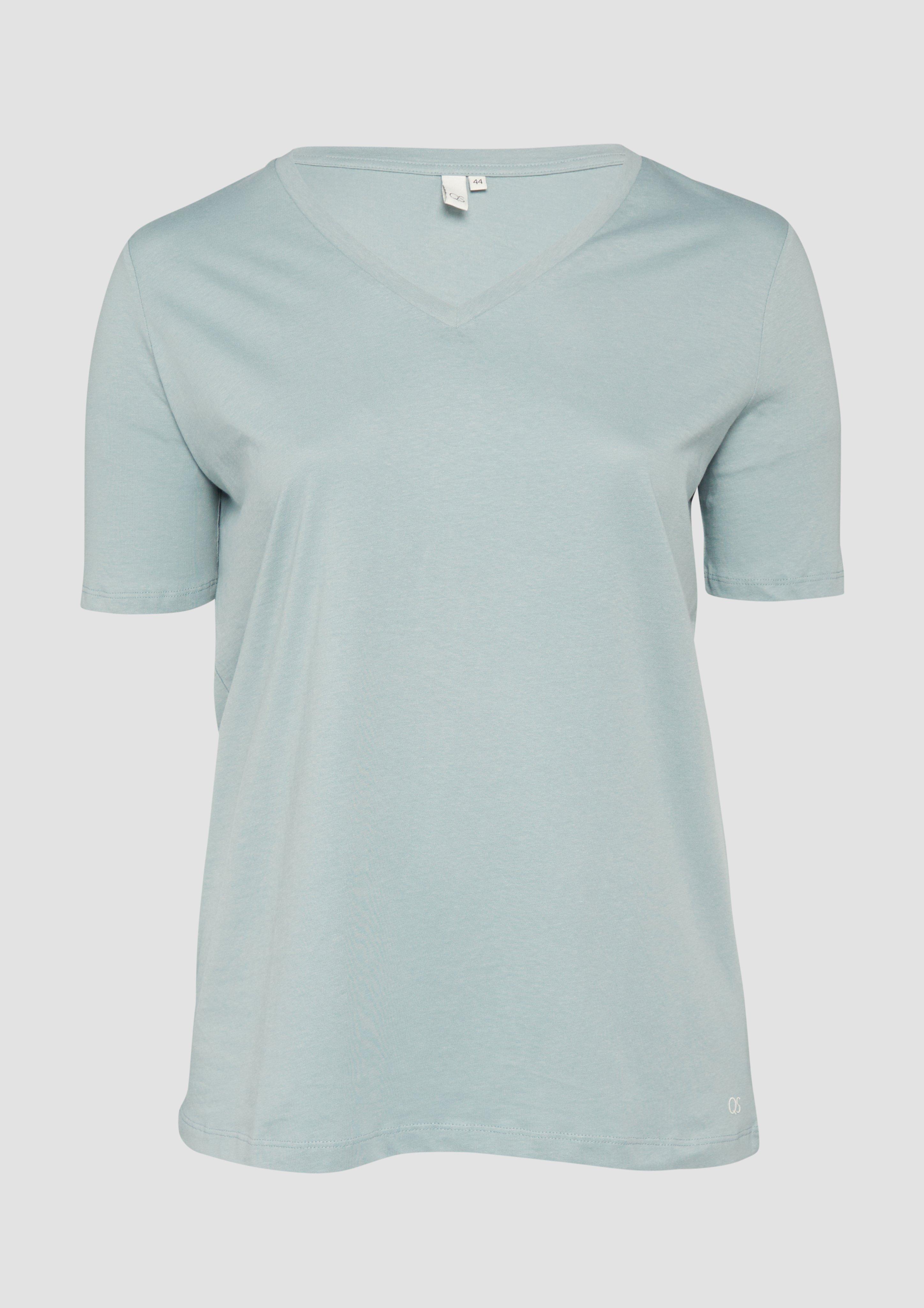 QS - Baumwollshirt mit V-Ausschnitt, Damen, grün