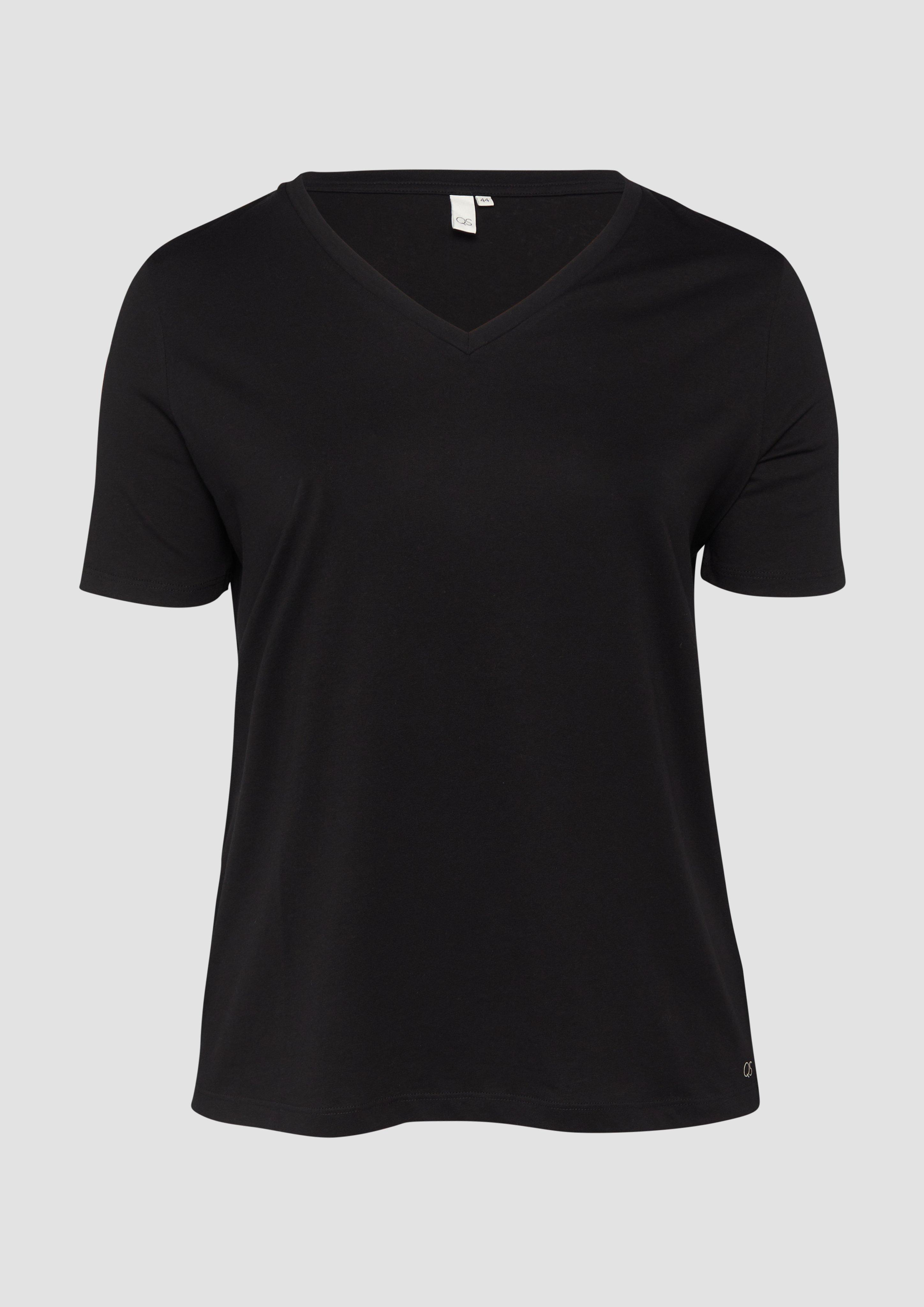 QS - Baumwollshirt mit V-Ausschnitt, Damen, schwarz
