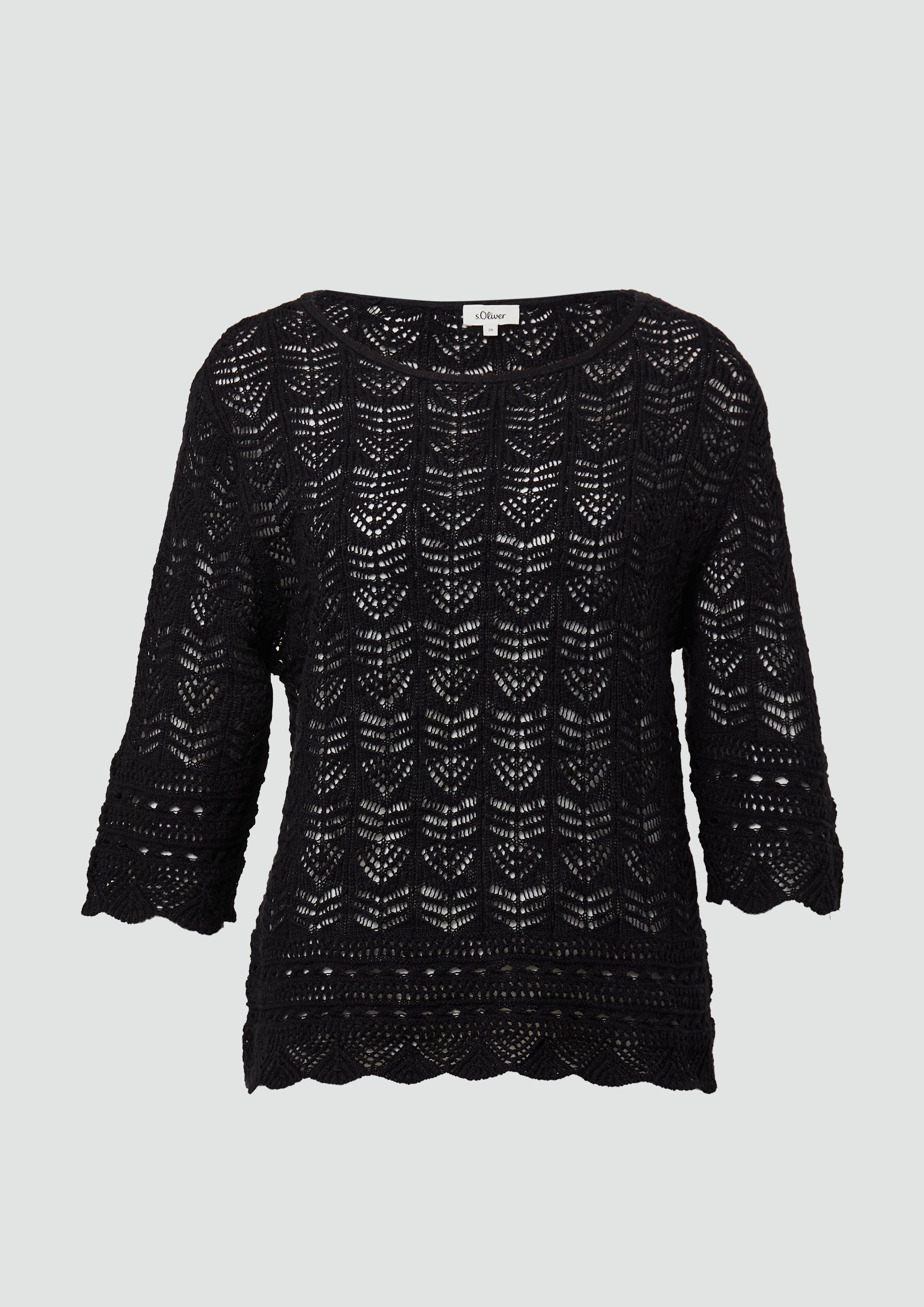 s.Oliver - Ajour-Strickpullover mit 3/4-Ärmeln, Damen, schwarz
