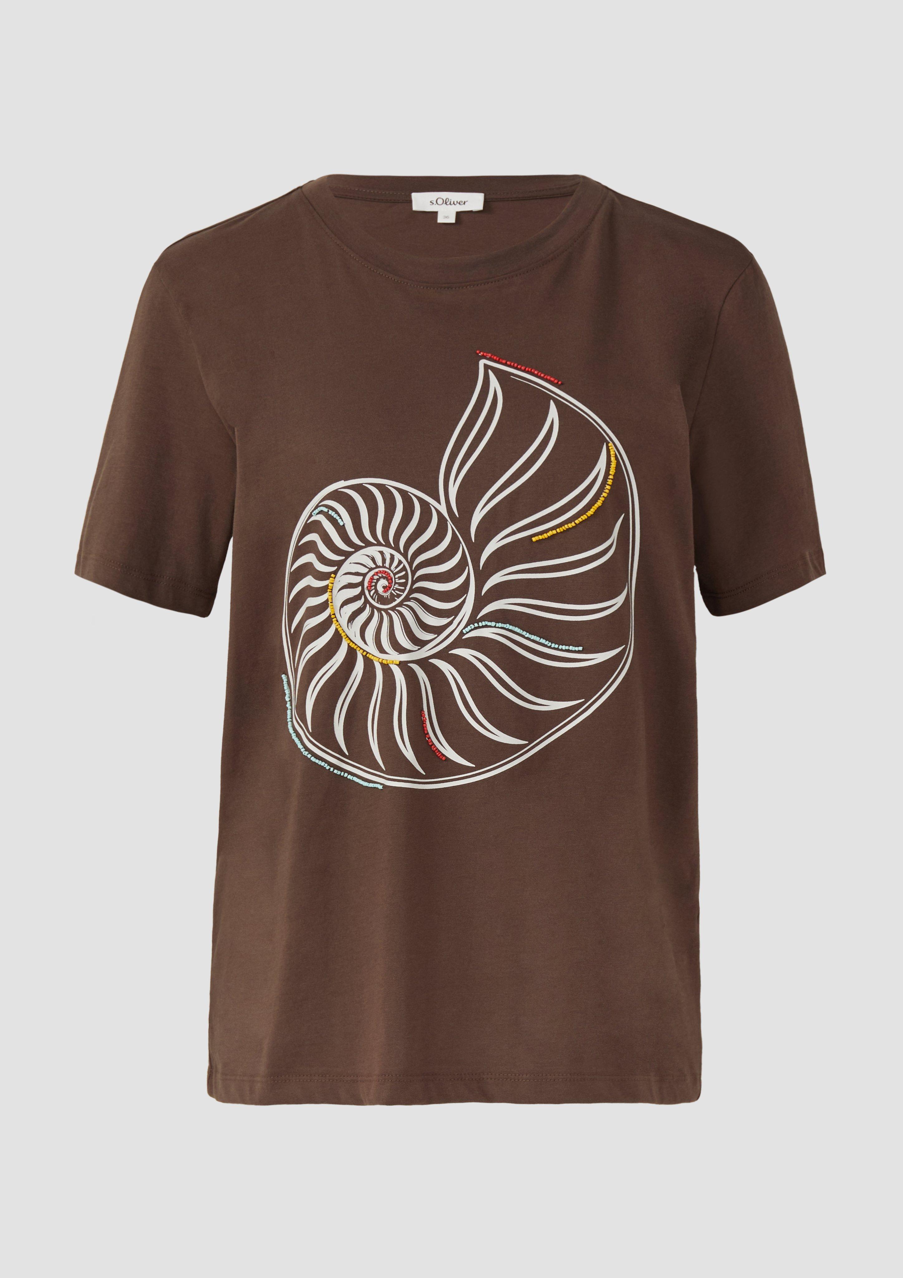 s.Oliver - Jersey-T-Shirt mit Frontprint und Schmuckperlen, Damen, braun