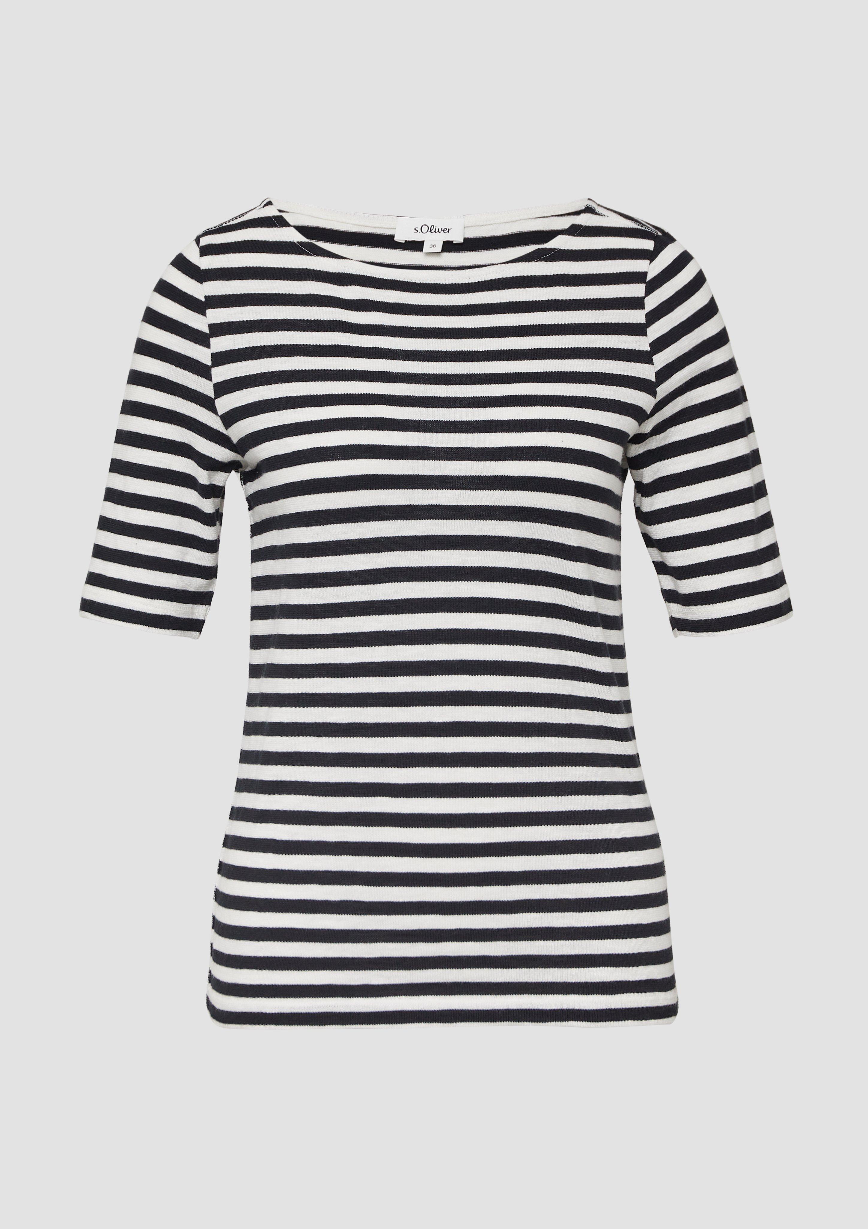 s.Oliver - Gestreiftes T-Shirt im Slim Fit mit Flammgarnstruktur, Damen, creme