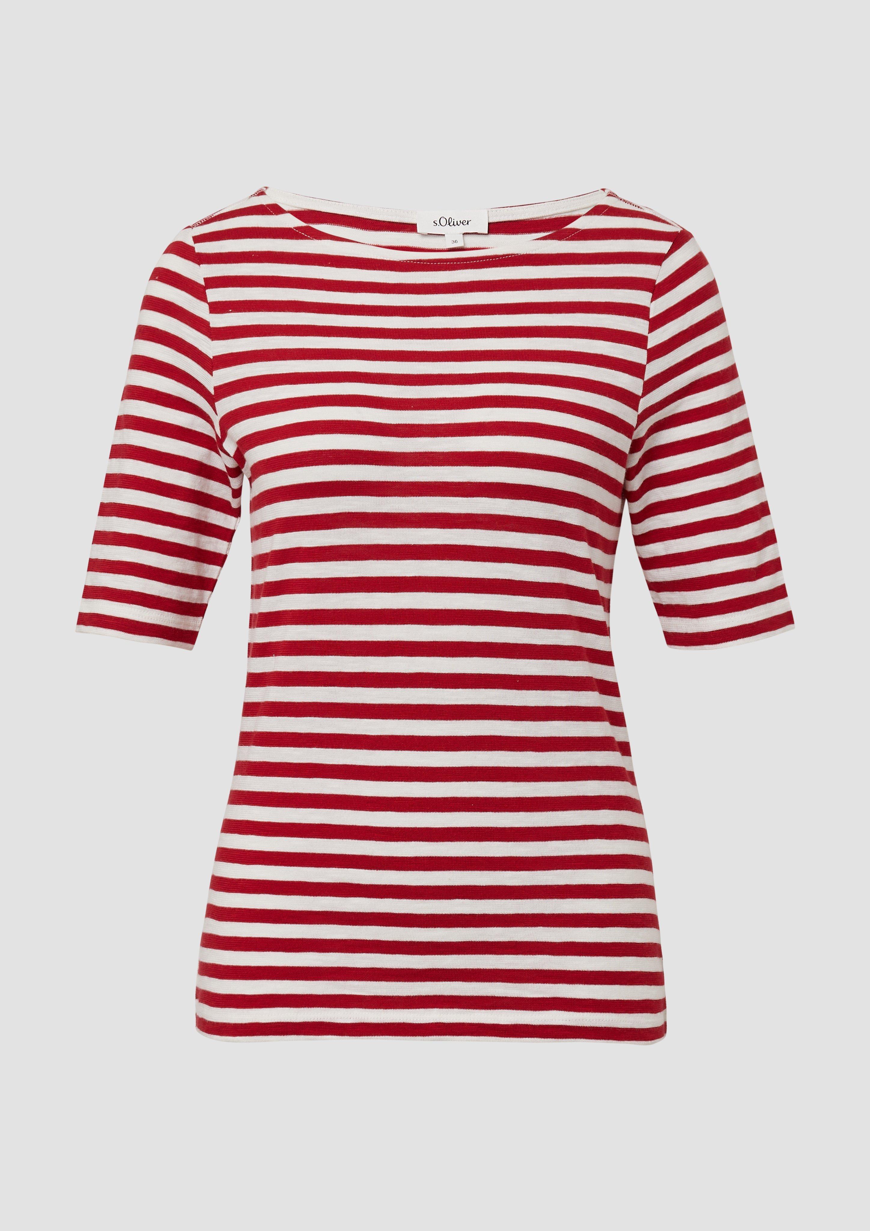 s.Oliver - Gestreiftes T-Shirt im Slim Fit mit Flammgarnstruktur, Damen, rot