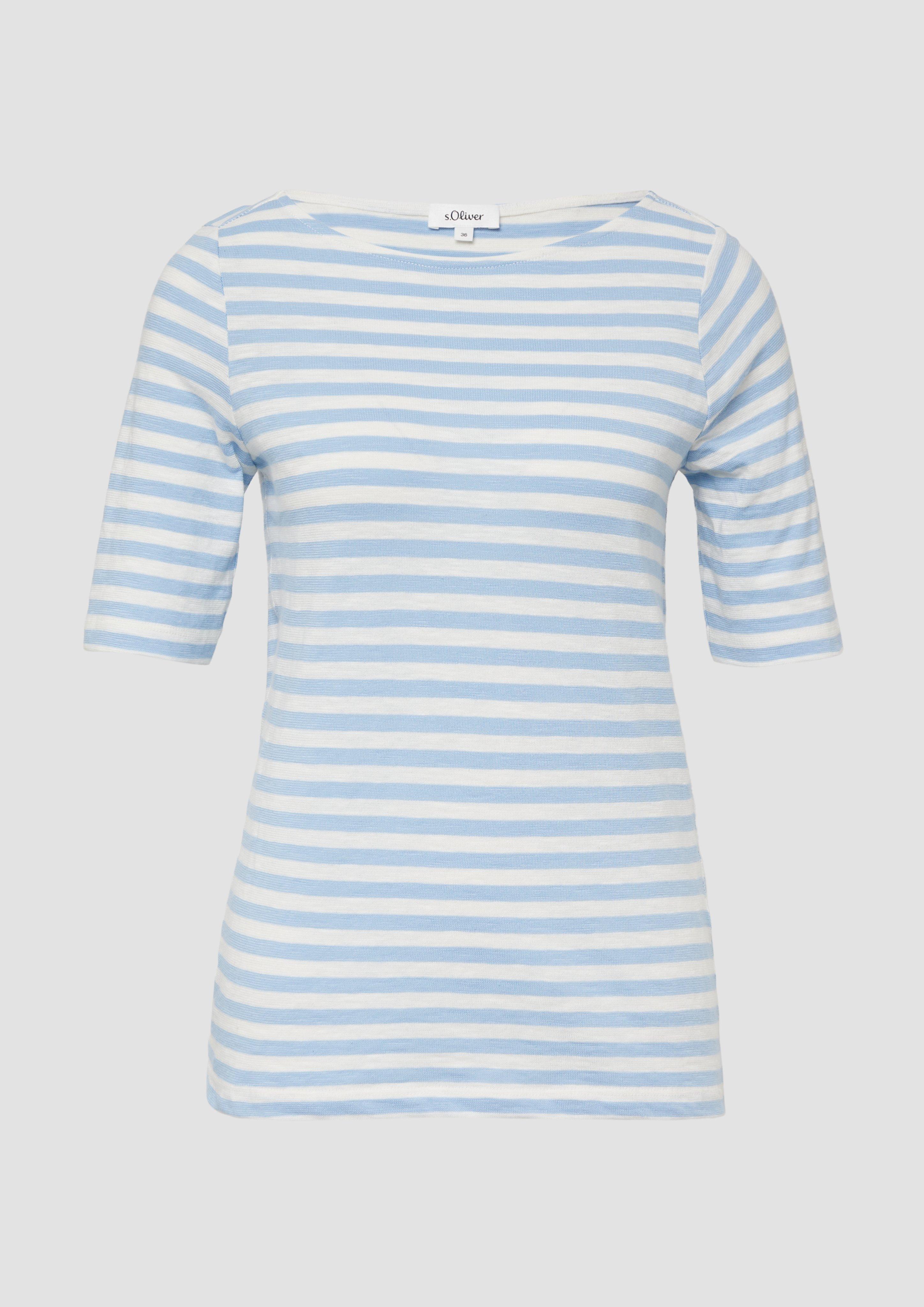 s.Oliver - Gestreiftes T-Shirt im Slim Fit mit Flammgarnstruktur, Damen, blau