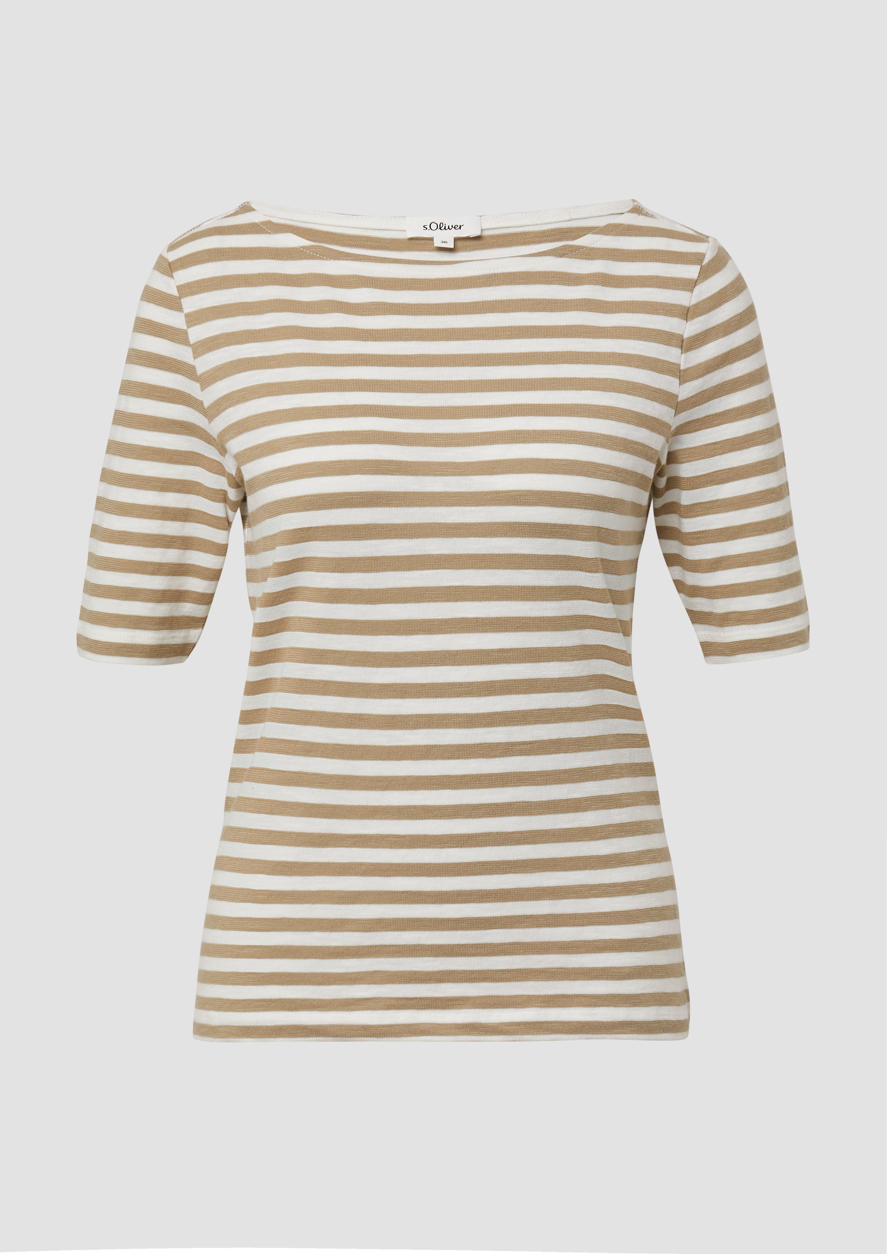 s.Oliver - Gestreiftes T-Shirt im Slim Fit mit Flammgarnstruktur, Damen, braun