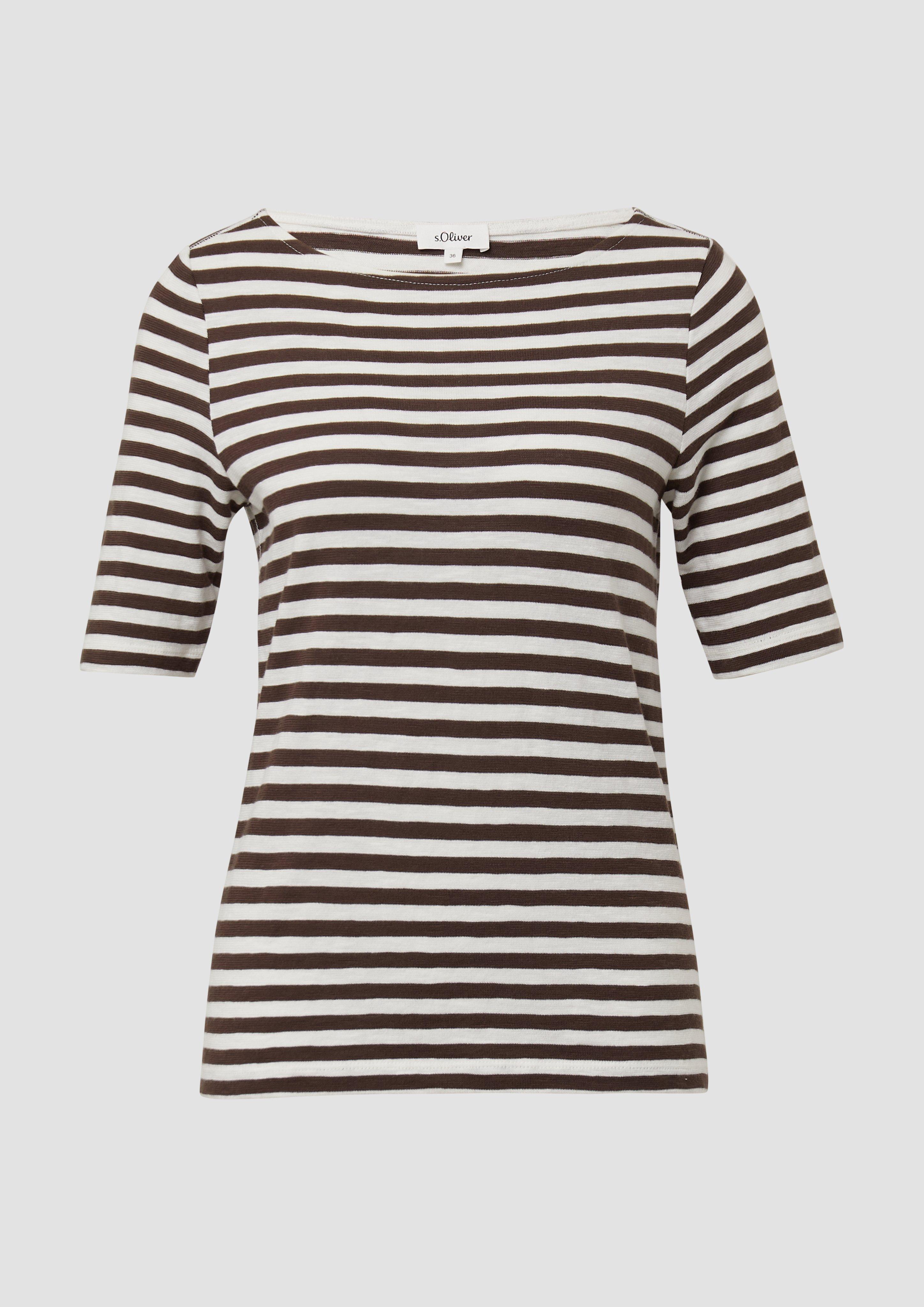s.Oliver - Gestreiftes T-Shirt im Slim Fit mit Flammgarnstruktur, Damen, braun