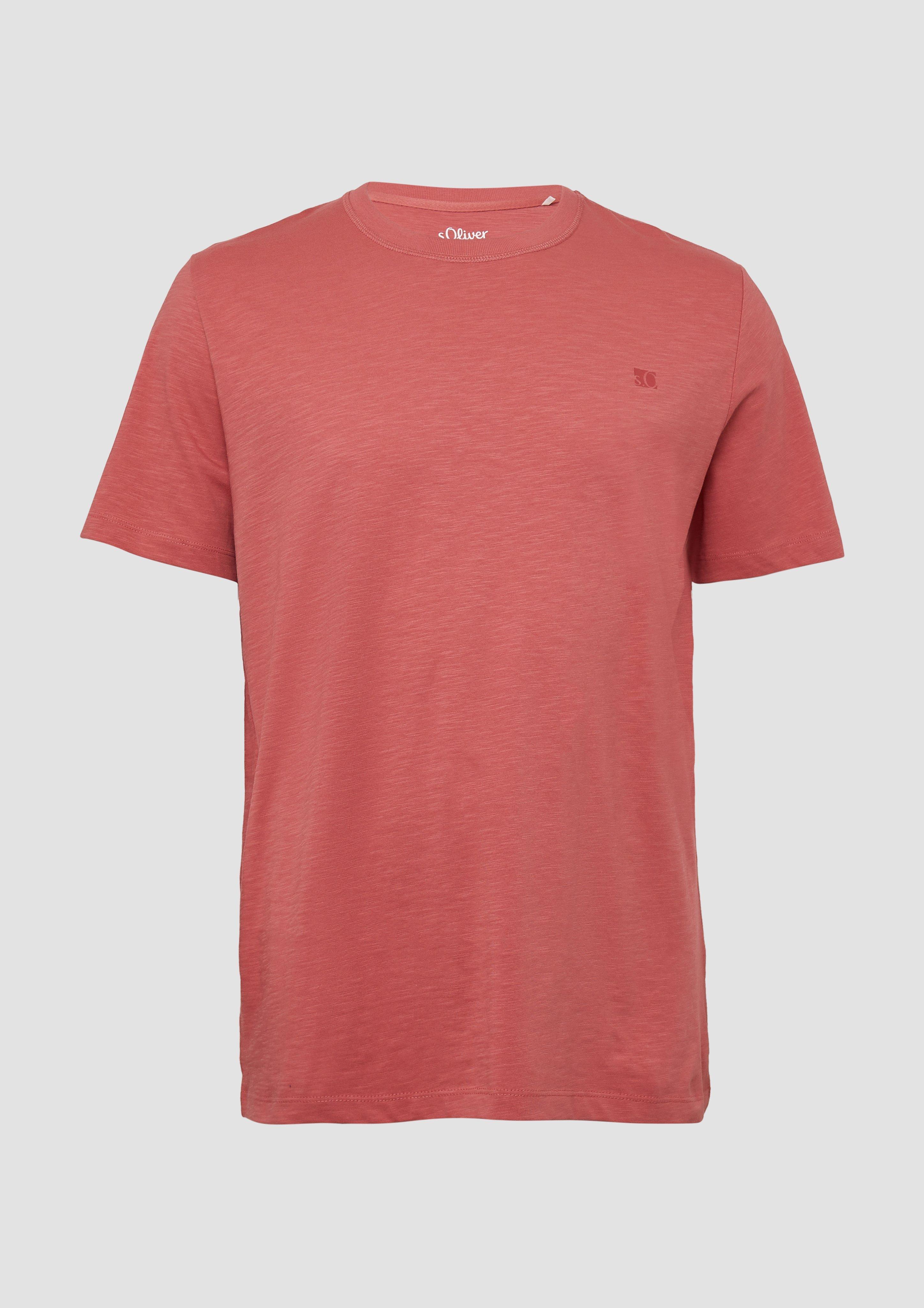 s.Oliver - T-Shirt mit Flammgarnstruktur und Logo-Print, Herren, Rosa