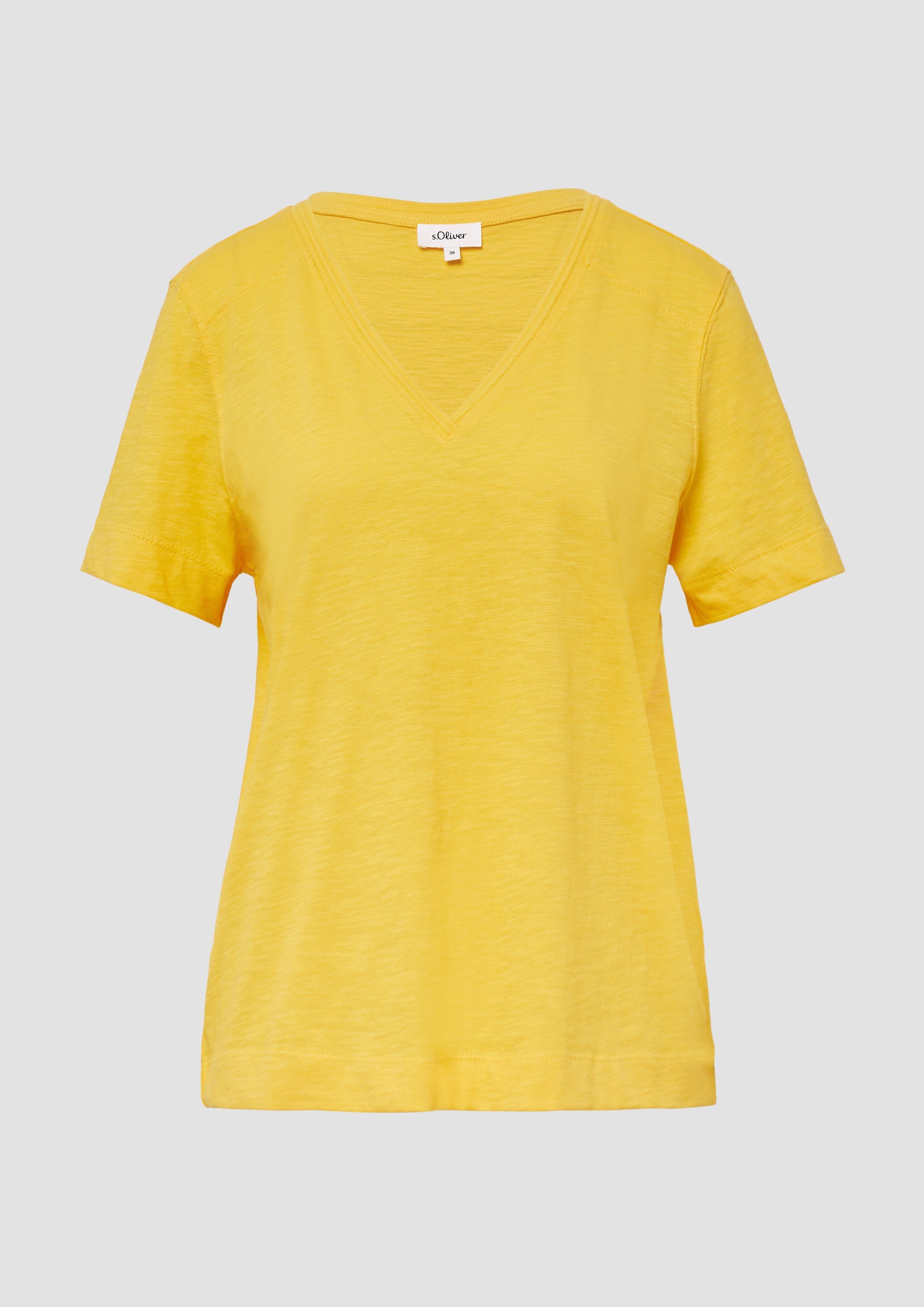 s.Oliver - T-Shirt aus Flammgarn mit V-Ausschnitt, Damen, gelb