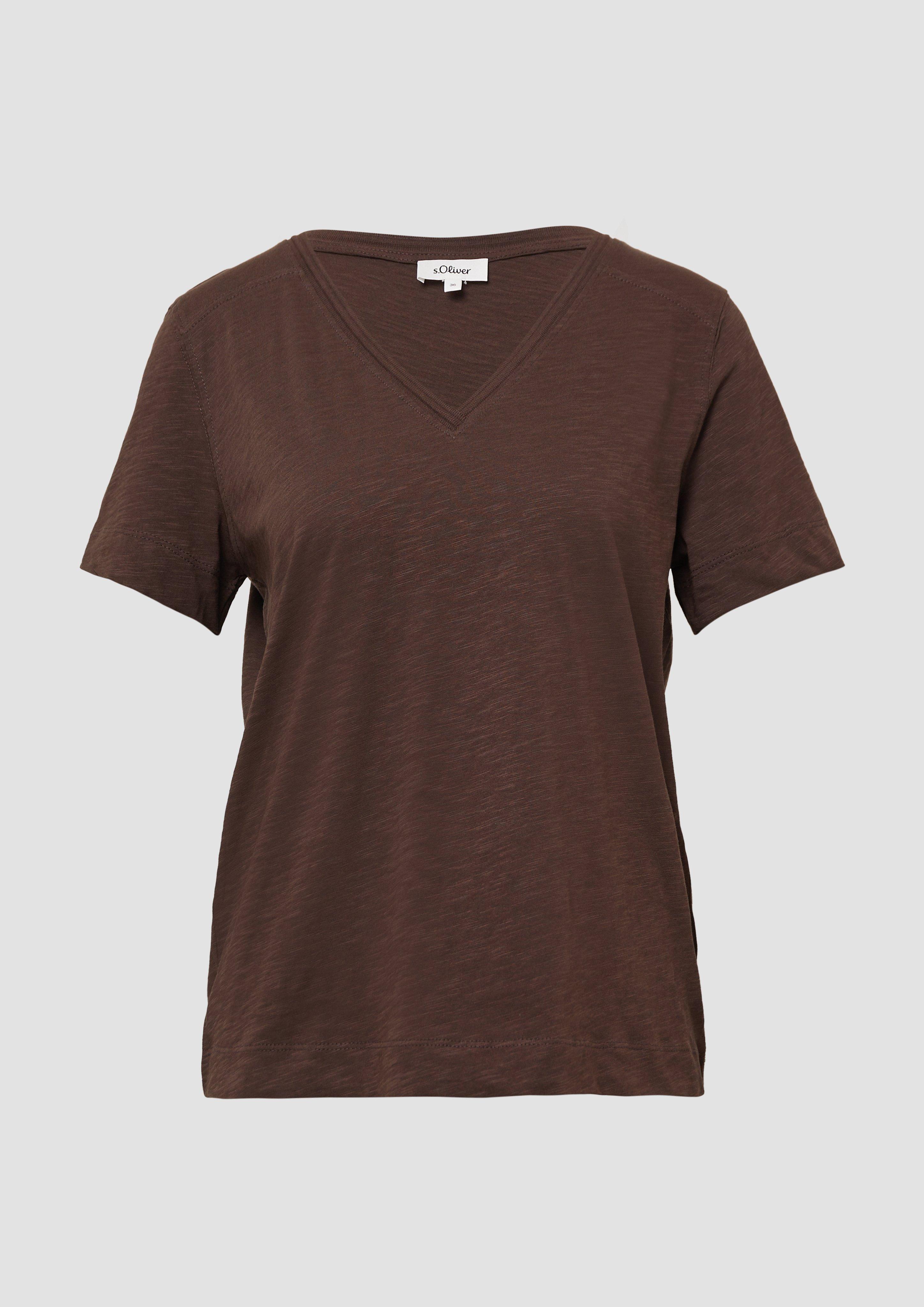 s.Oliver - T-Shirt aus Flammgarn mit V-Ausschnitt, Damen, braun