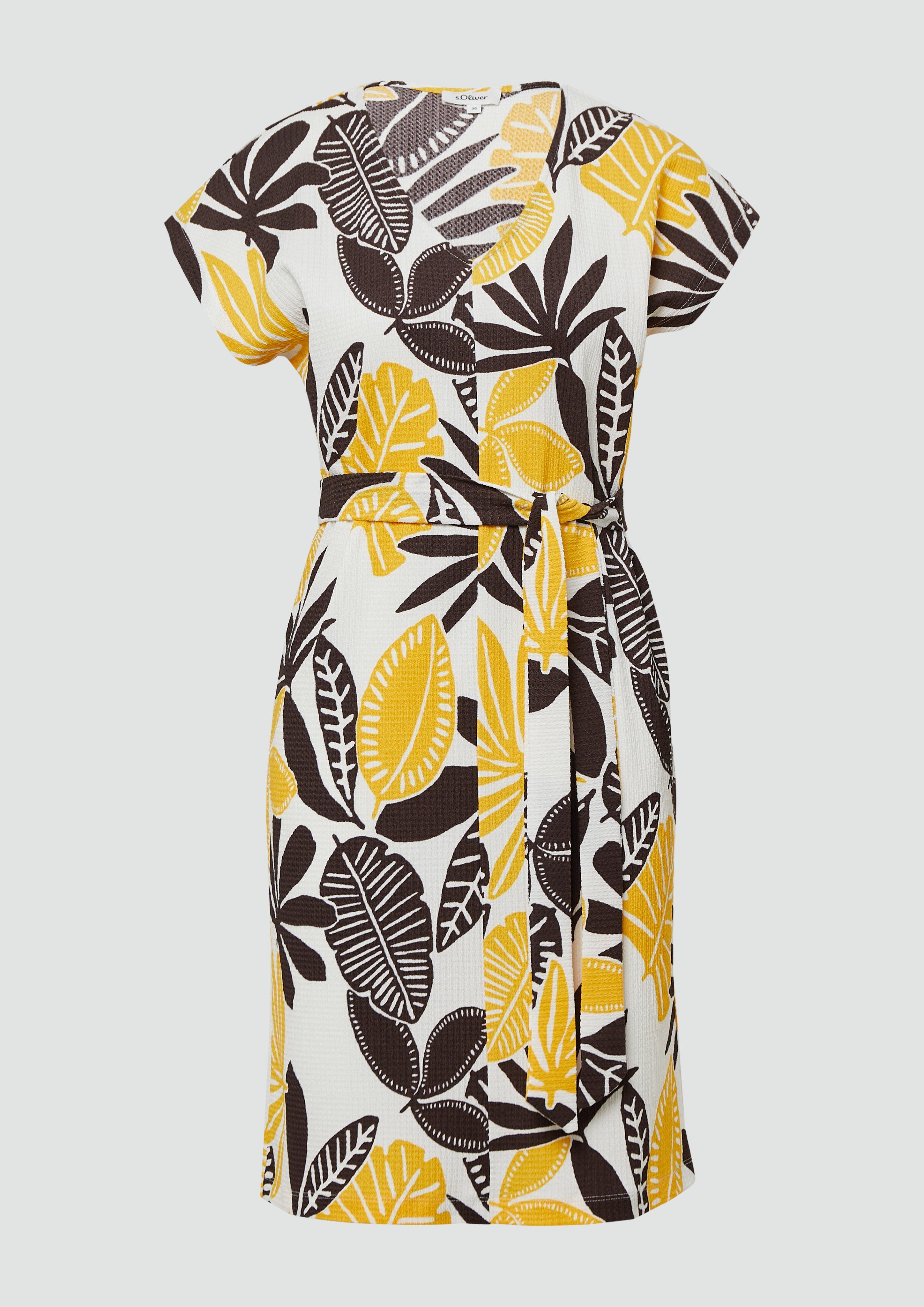 s.Oliver - Strukturiertes Jerseykleid mit All-over-Print und Gürtel, Damen, creme