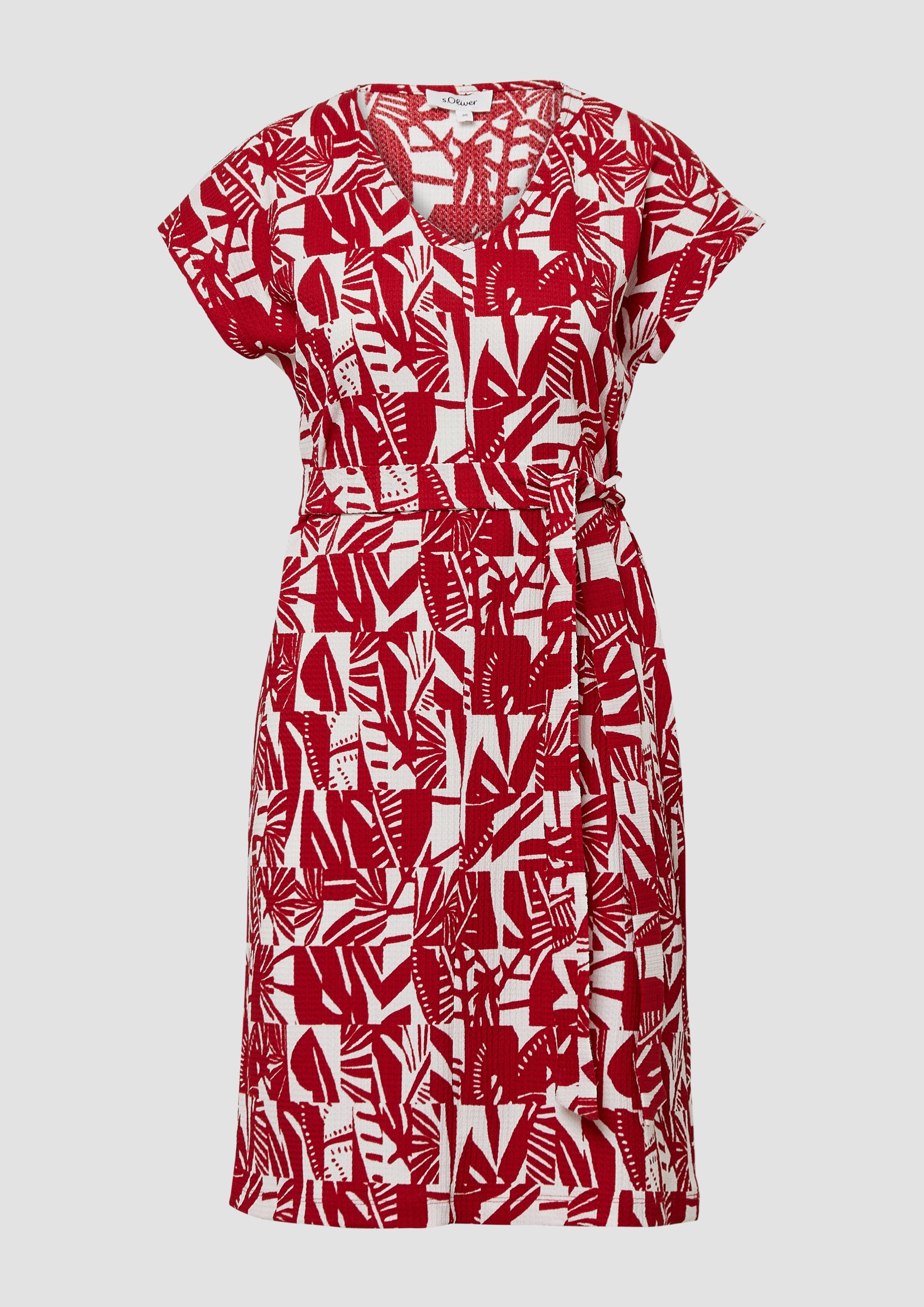 s.Oliver - Strukturiertes Jerseykleid mit All-over-Print und Gürtel, Damen, rot