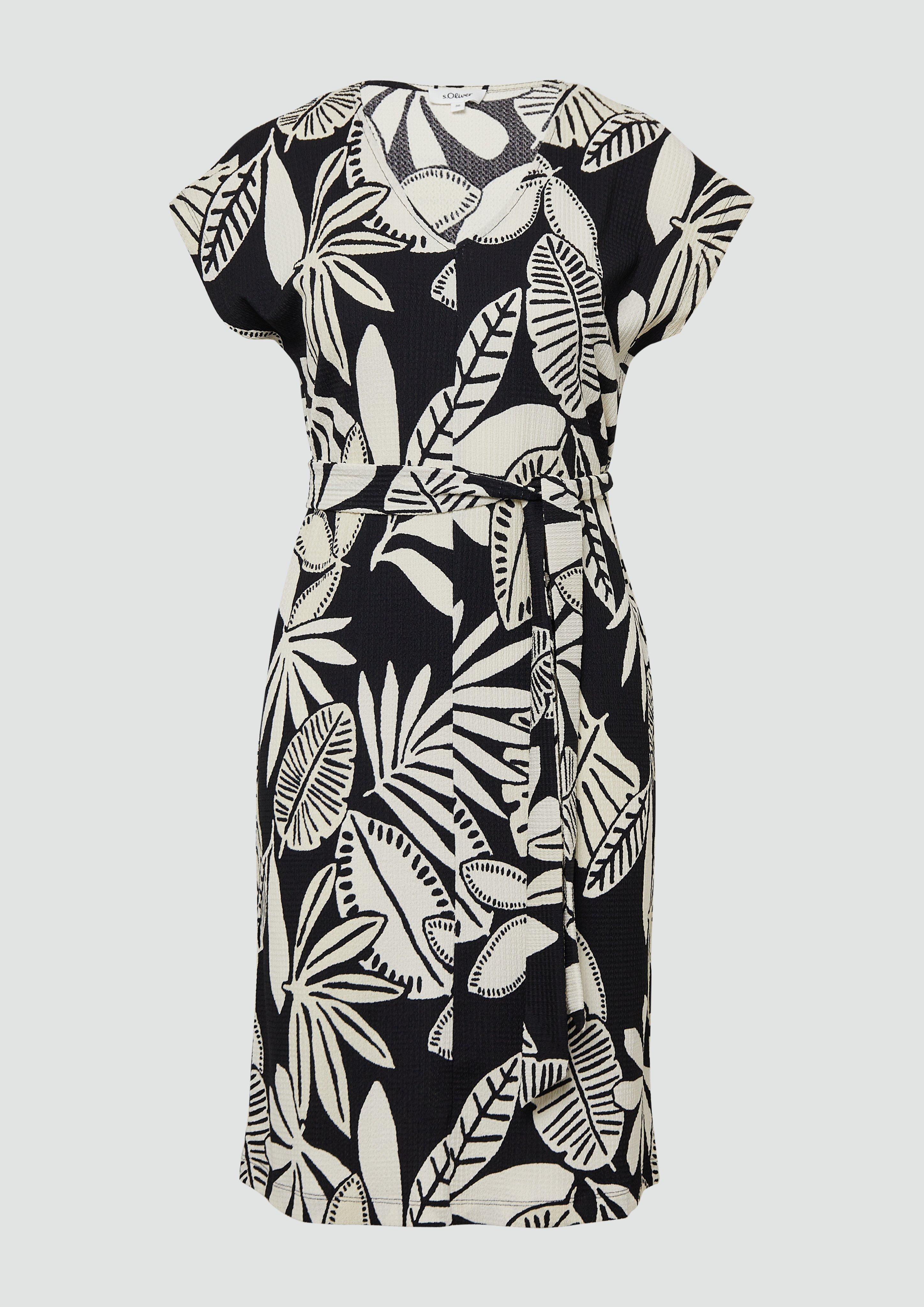 s.Oliver - Strukturiertes Jerseykleid mit All-over-Print und Gürtel, Damen, schwarz