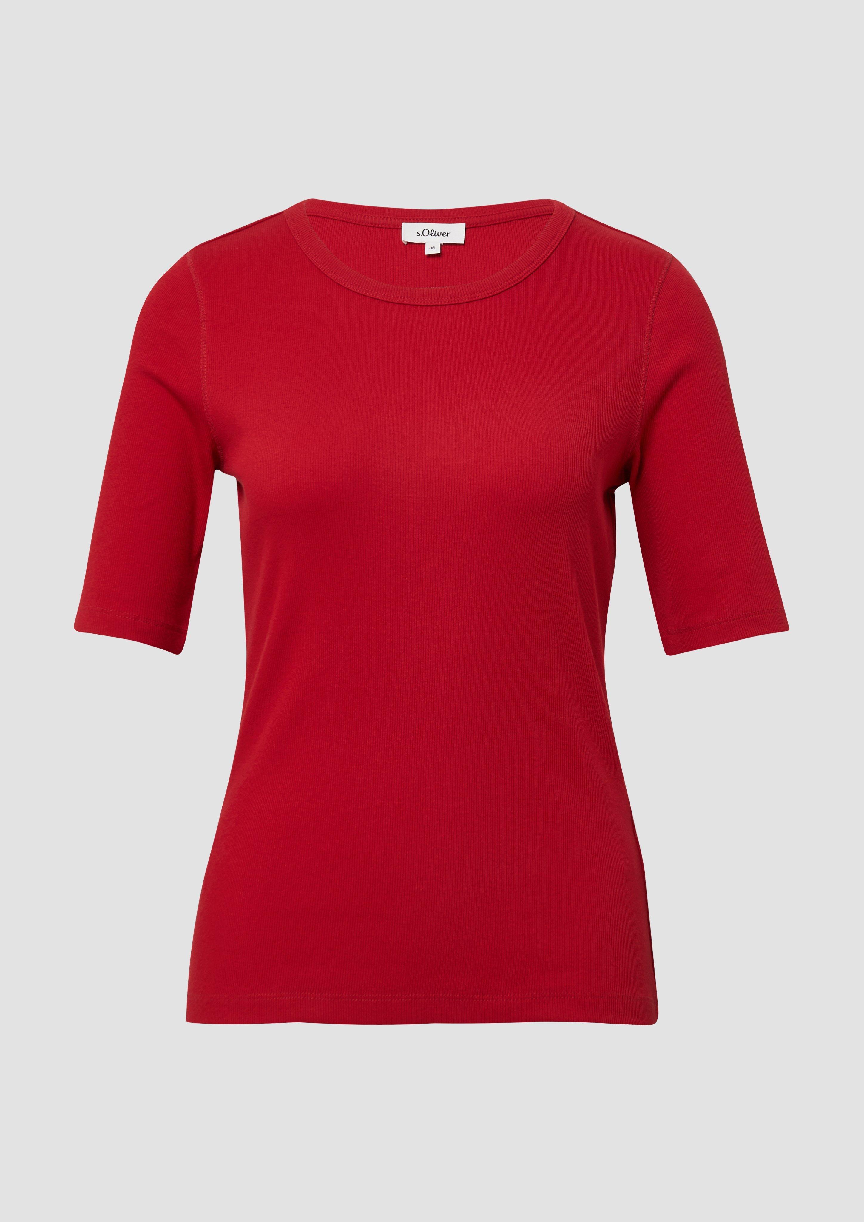 s.Oliver - Geripptes T-Shirt im Slim Fit aus Baumwollmix, Damen, rot