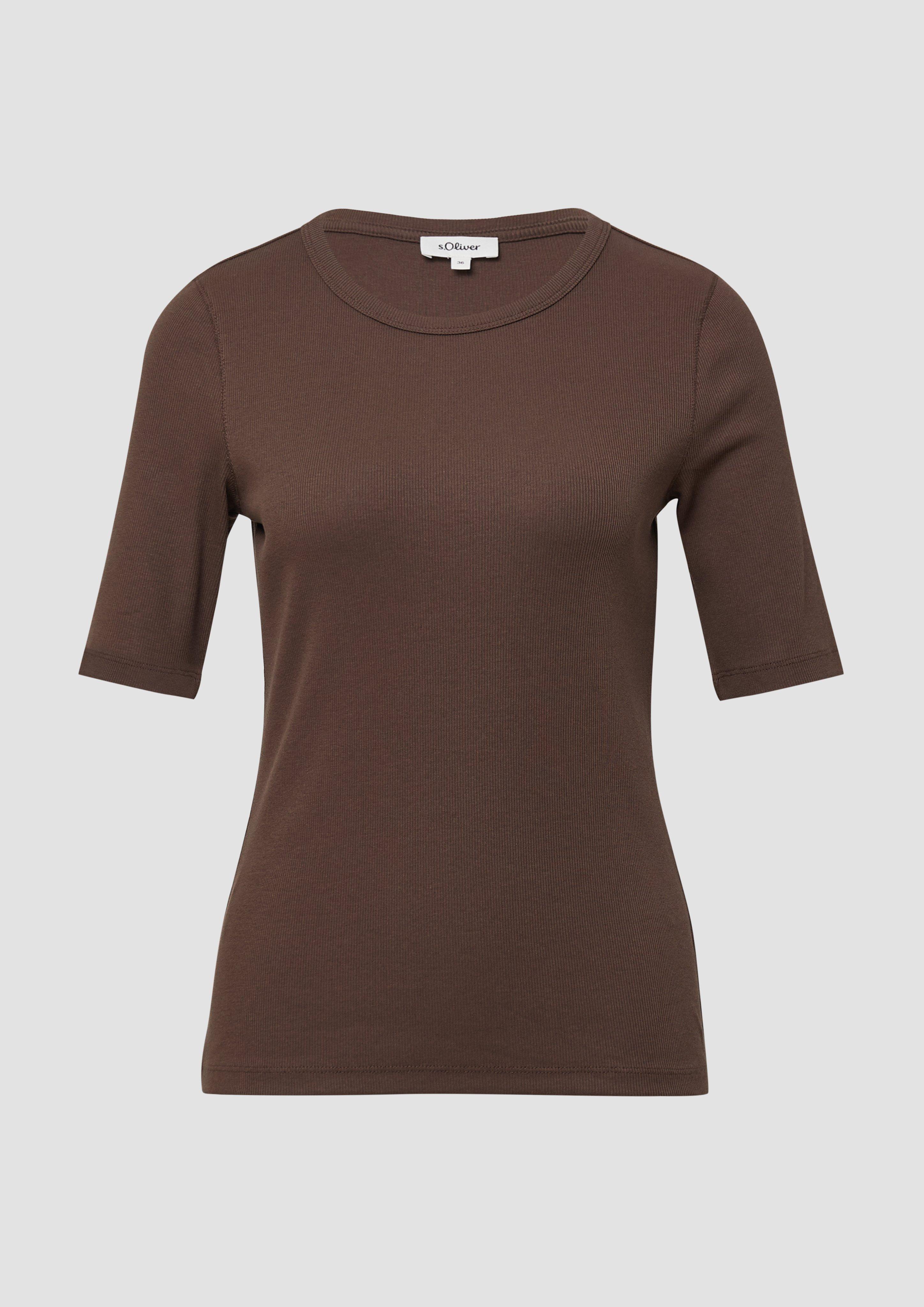s.Oliver - Geripptes T-Shirt im Slim Fit aus Baumwollmix, Damen, braun