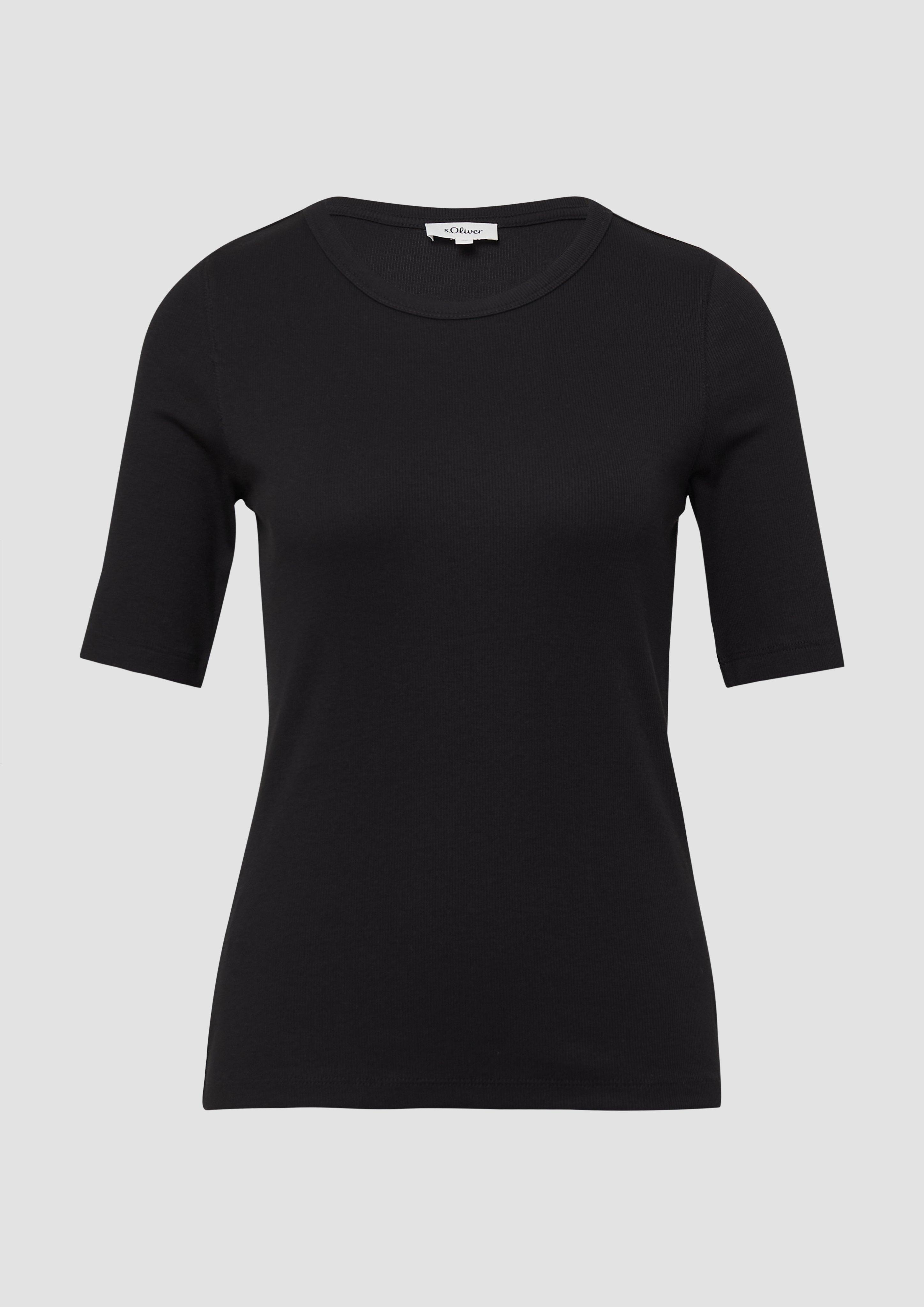 s.Oliver - Geripptes T-Shirt im Slim Fit aus Baumwollmix, Damen, schwarz