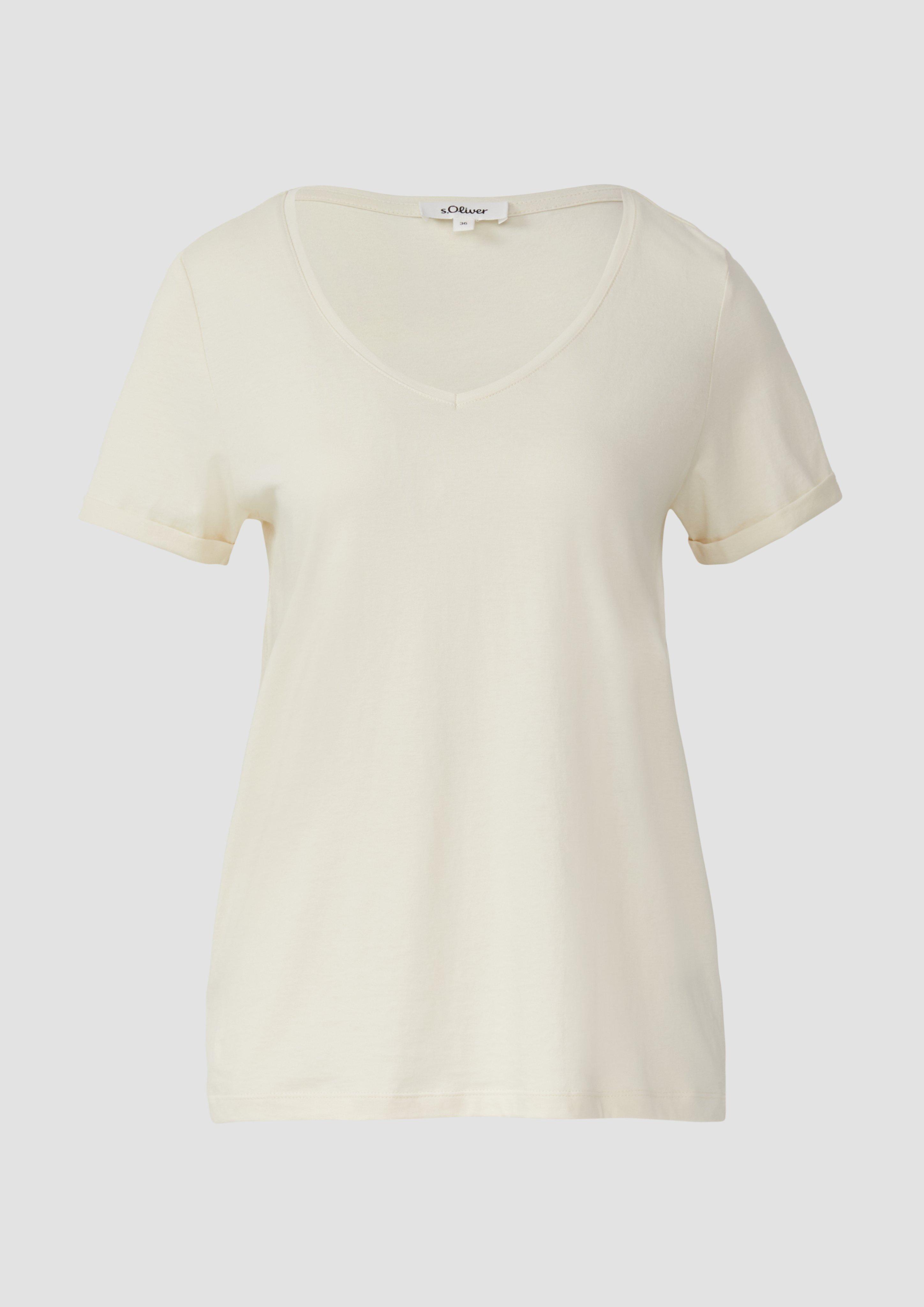 s.Oliver - Weiches T-Shirt aus Baumwolle mit V-Ausschnitt, Damen, Beige