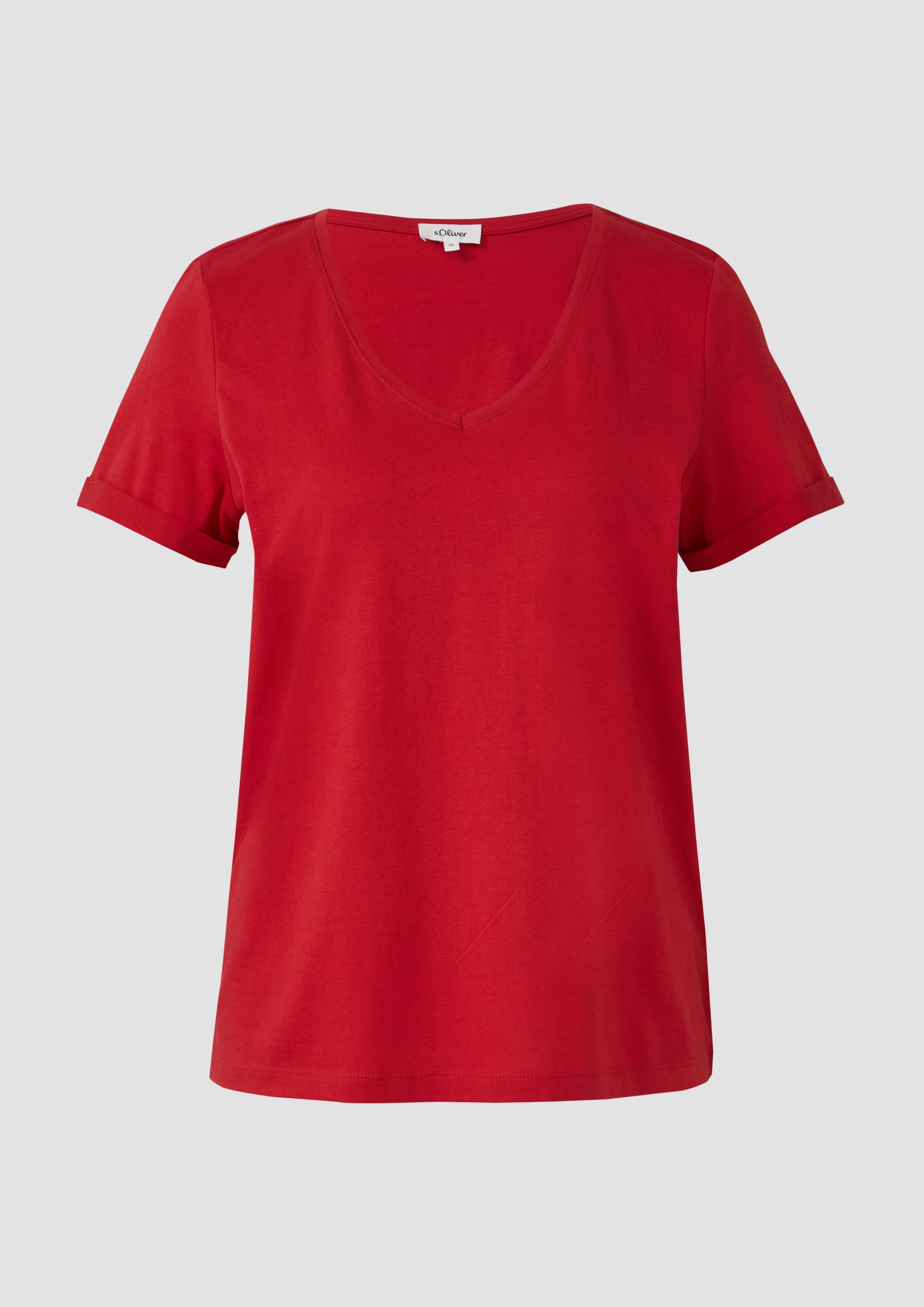 s.Oliver - Weiches T-Shirt aus Baumwolle mit V-Ausschnitt, Damen, rot