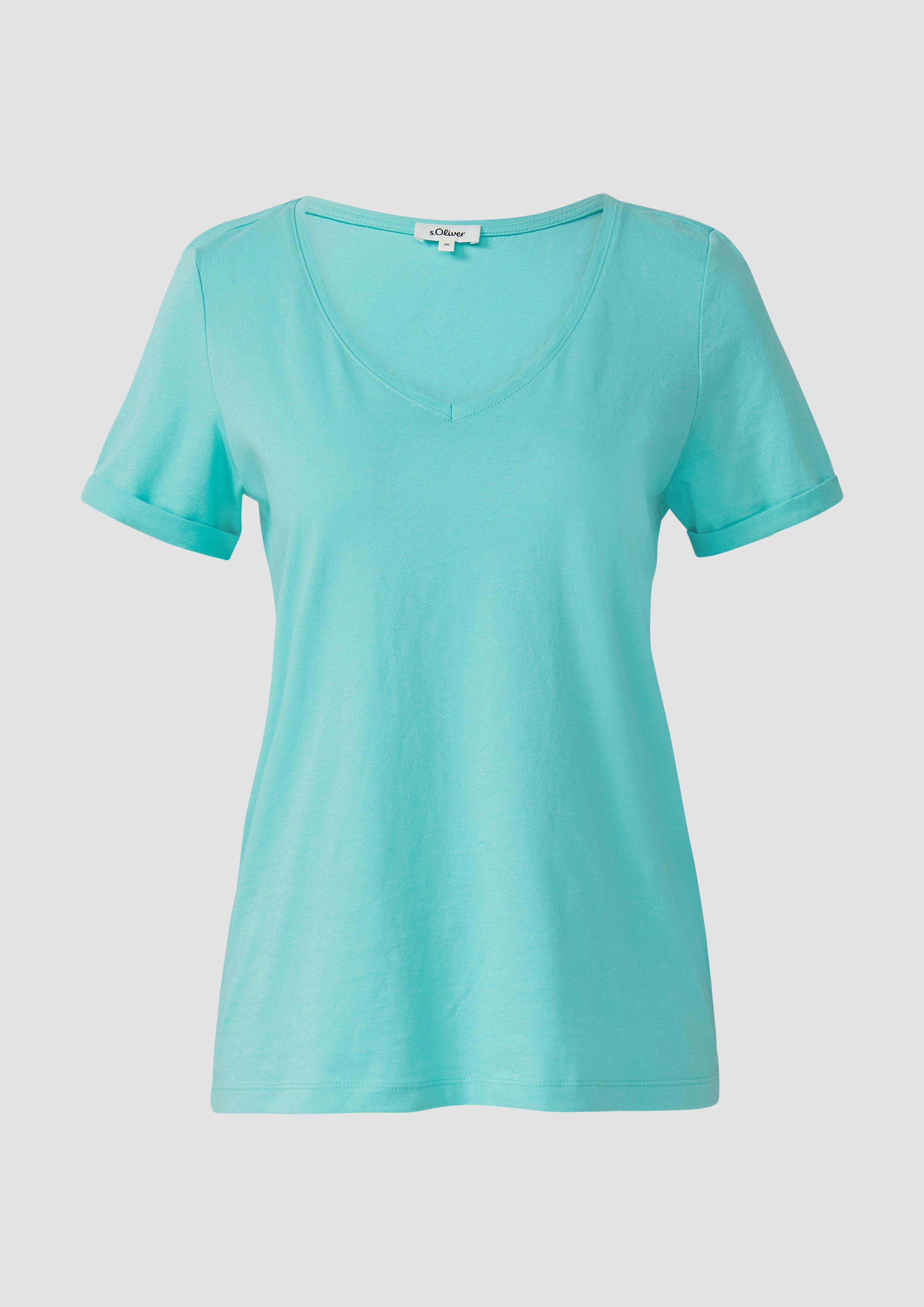 s.Oliver - Weiches T-Shirt aus Baumwolle mit V-Ausschnitt, Damen, türkis