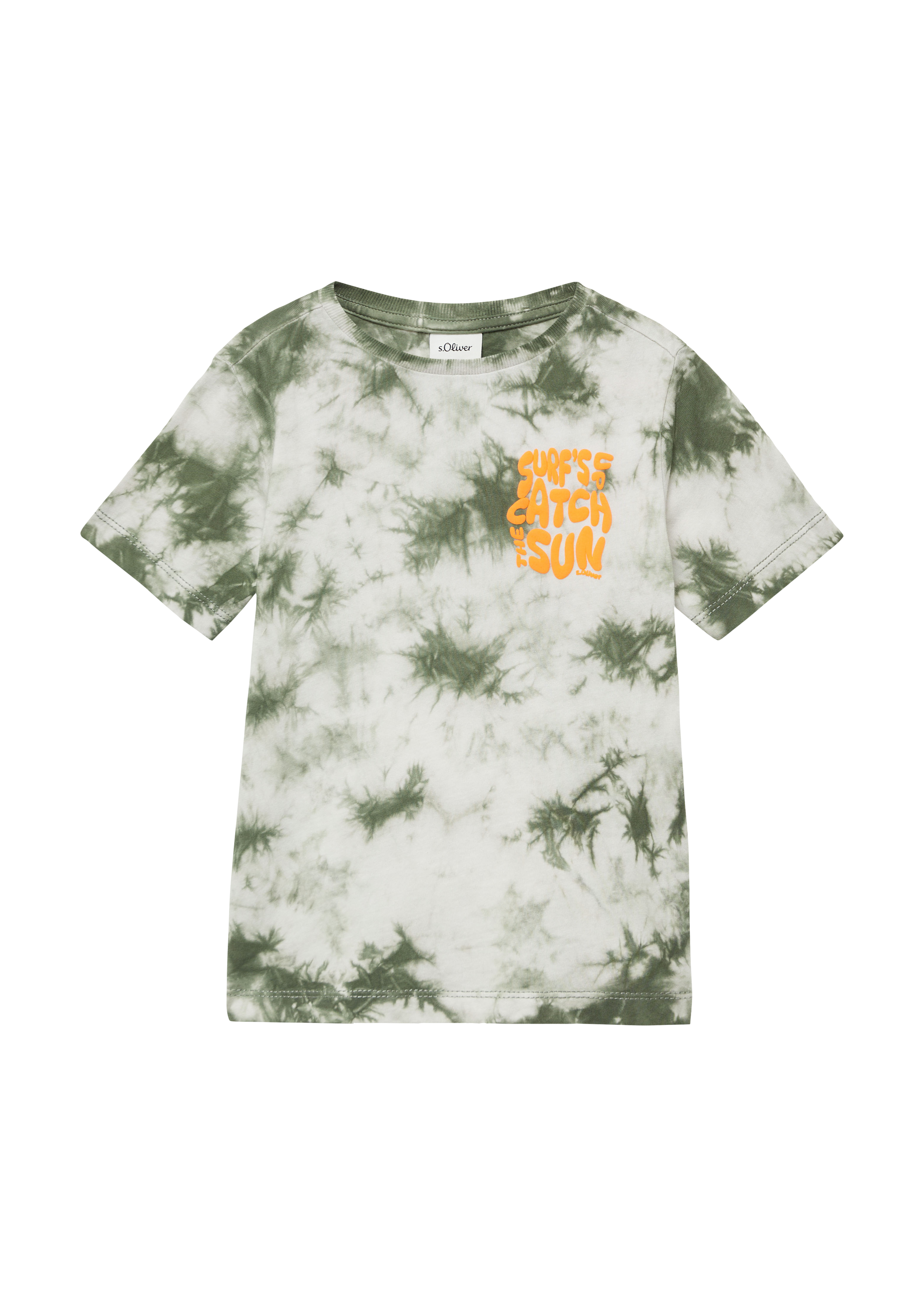 s.Oliver - T-Shirt mit Batikmuster und Printdetail, Kinder, olive|weiß