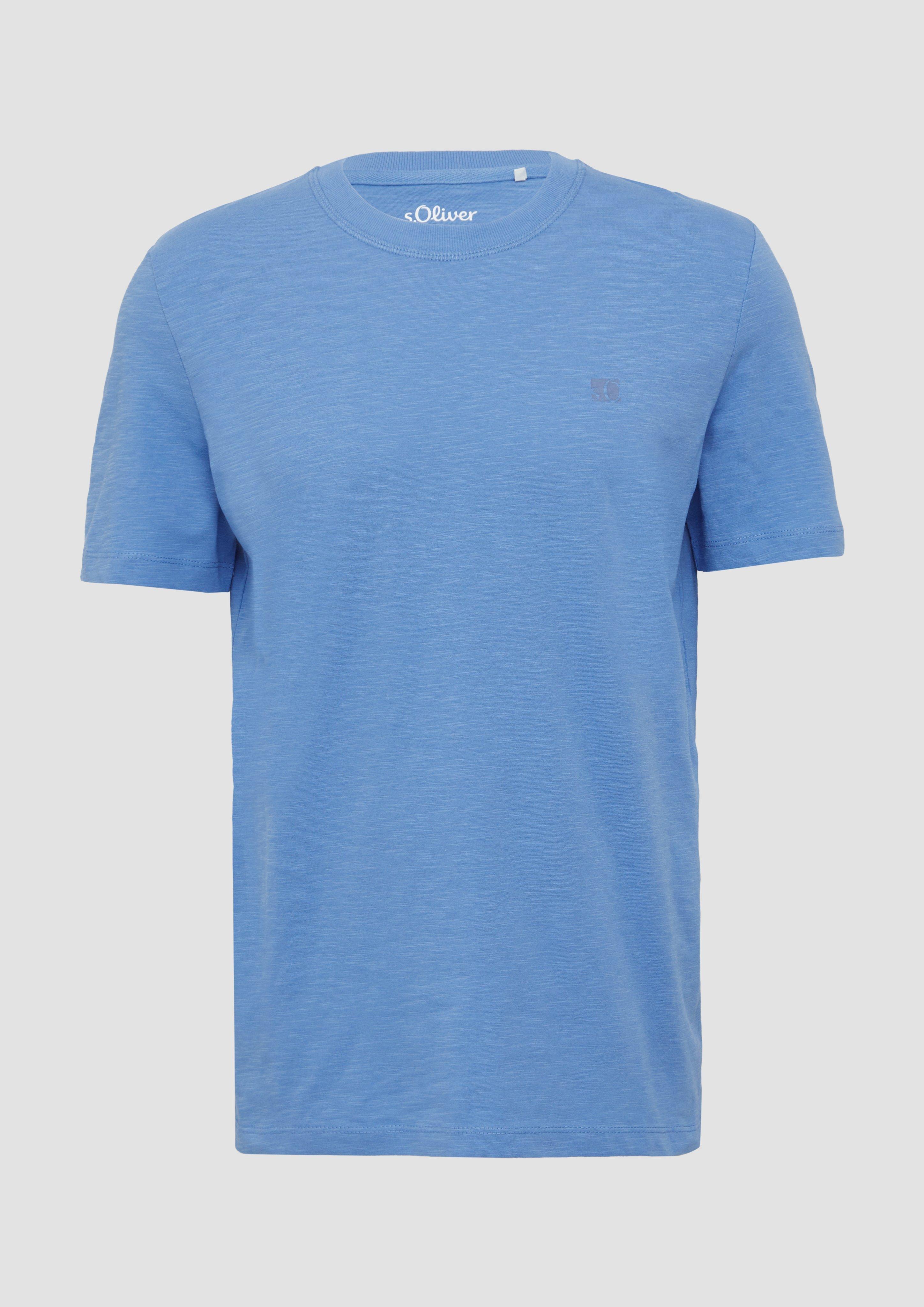 s.Oliver - T-Shirt mit Flammgarnstruktur und Logo-Print, Herren, blau