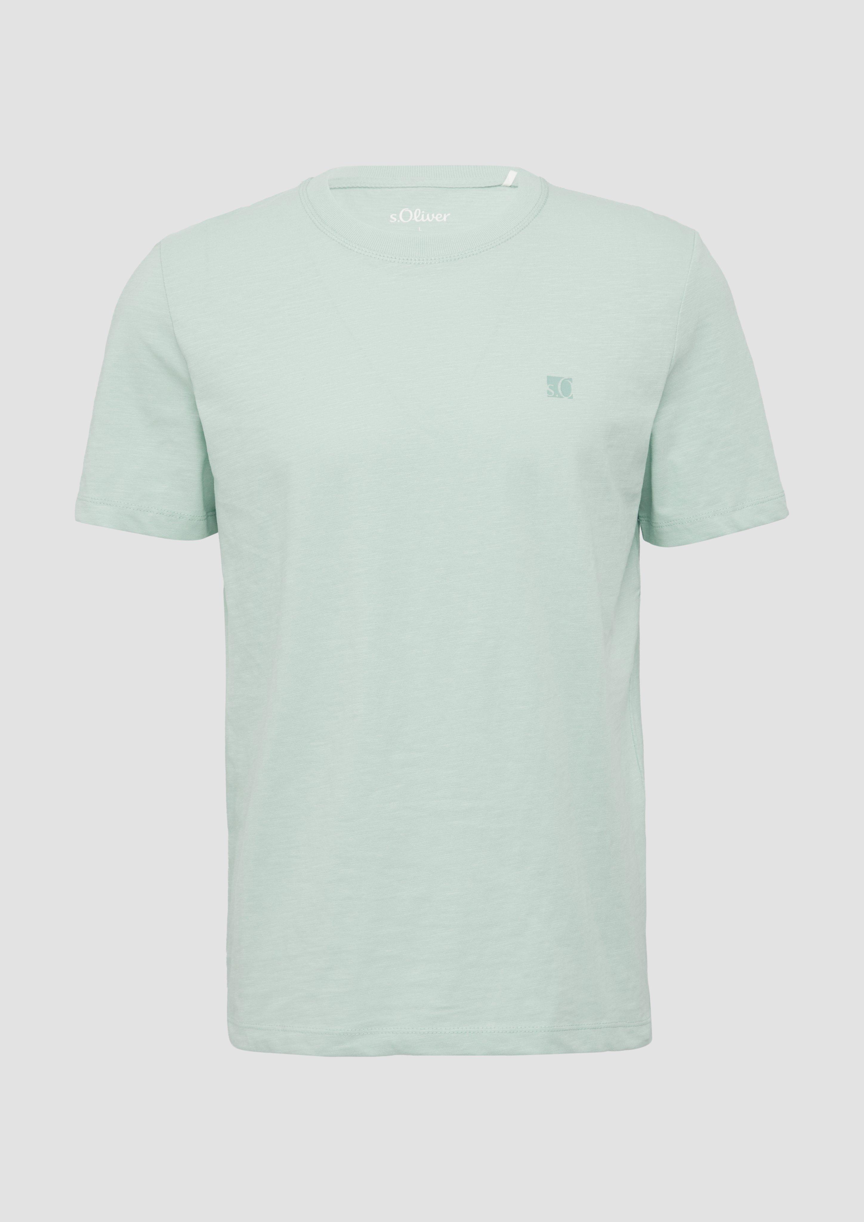 s.Oliver - T-Shirt mit Flammgarnstruktur und Logo-Print, Herren, türkis