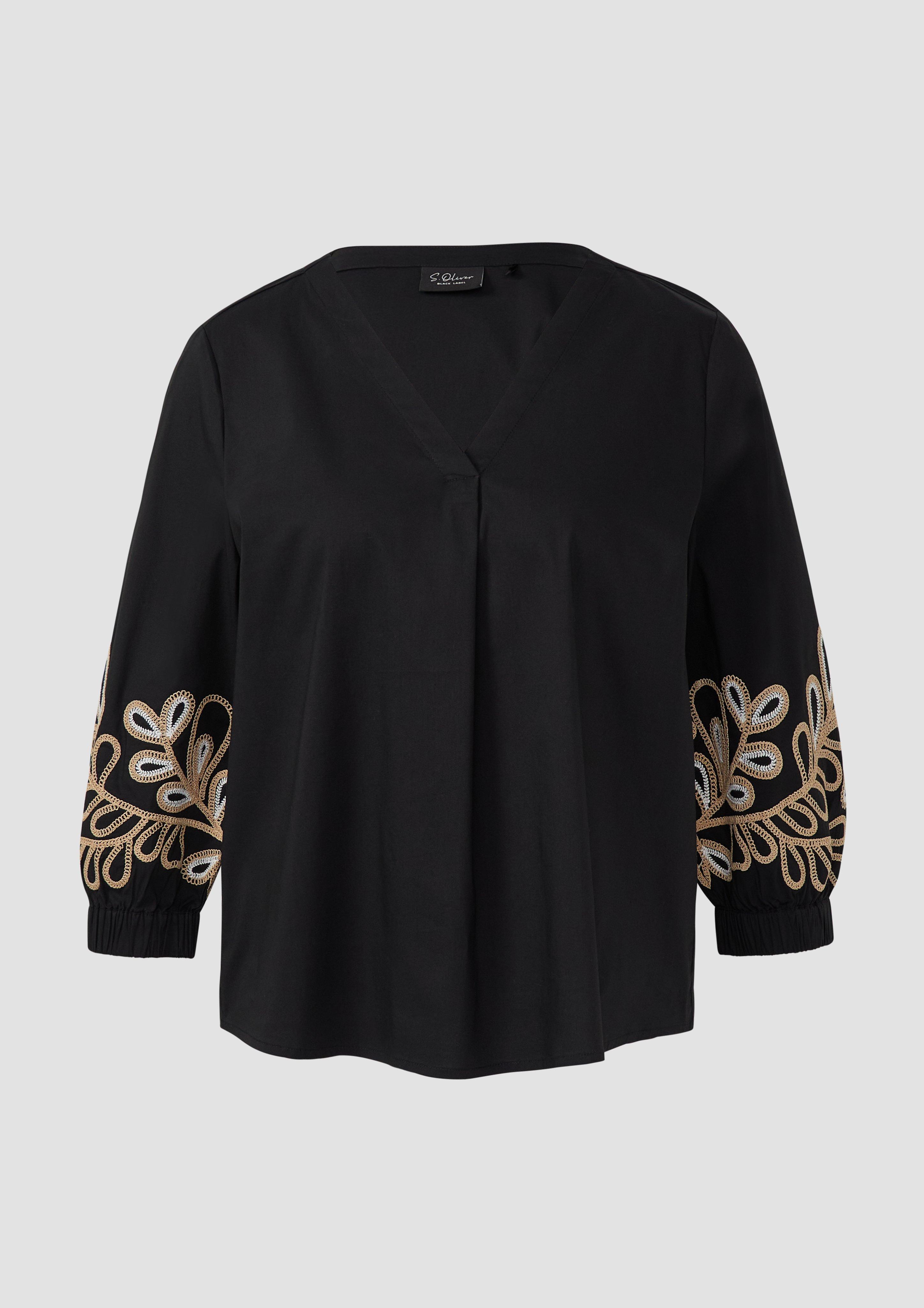 s.Oliver - Popeline-Bluse mit Stickerei und 3/4-Ärmeln, Damen, schwarz