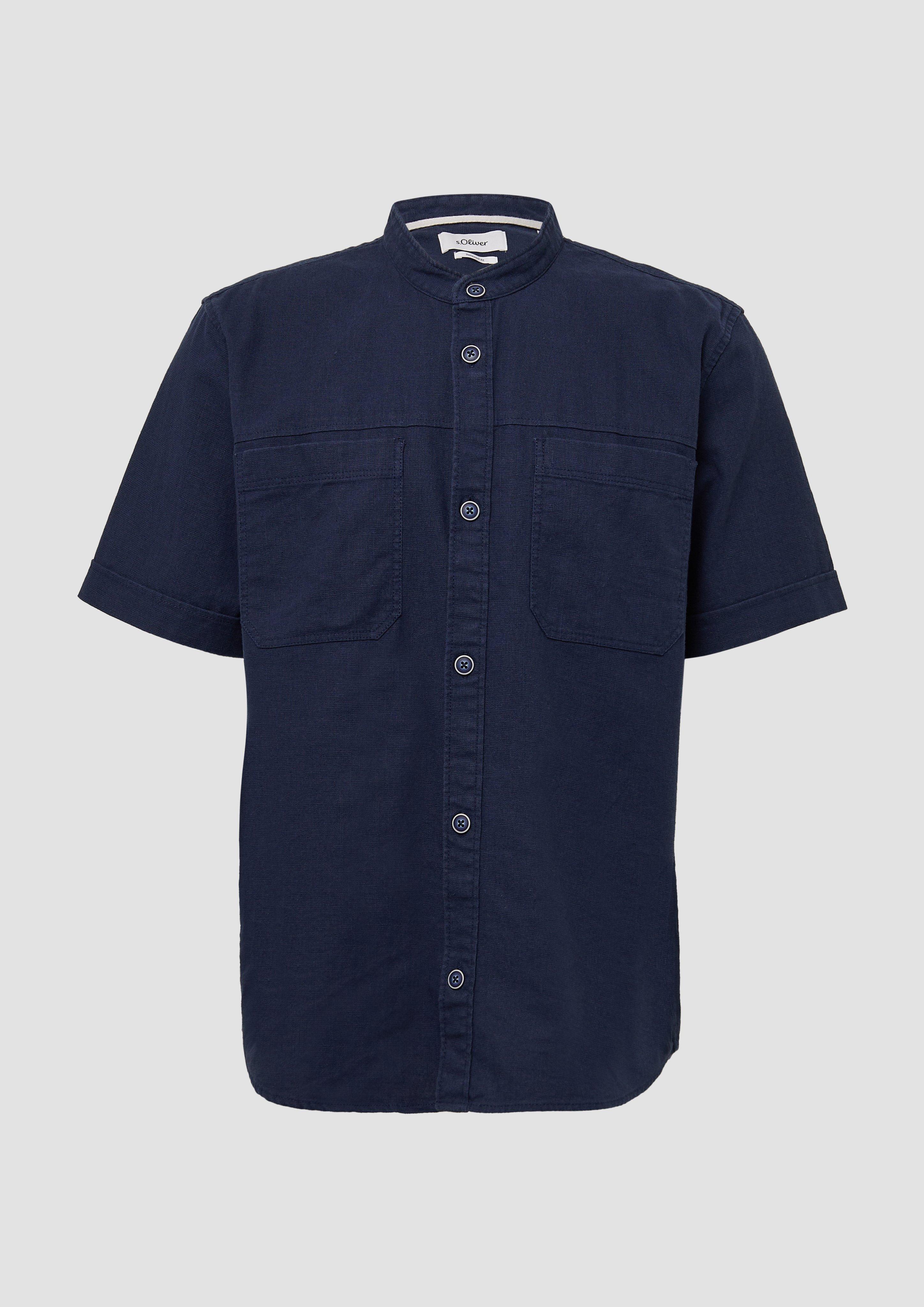 s.Oliver - Relaxed Fit: Kurzarmhemd mit Stehkragen aus Leinenmix, Herren, blau