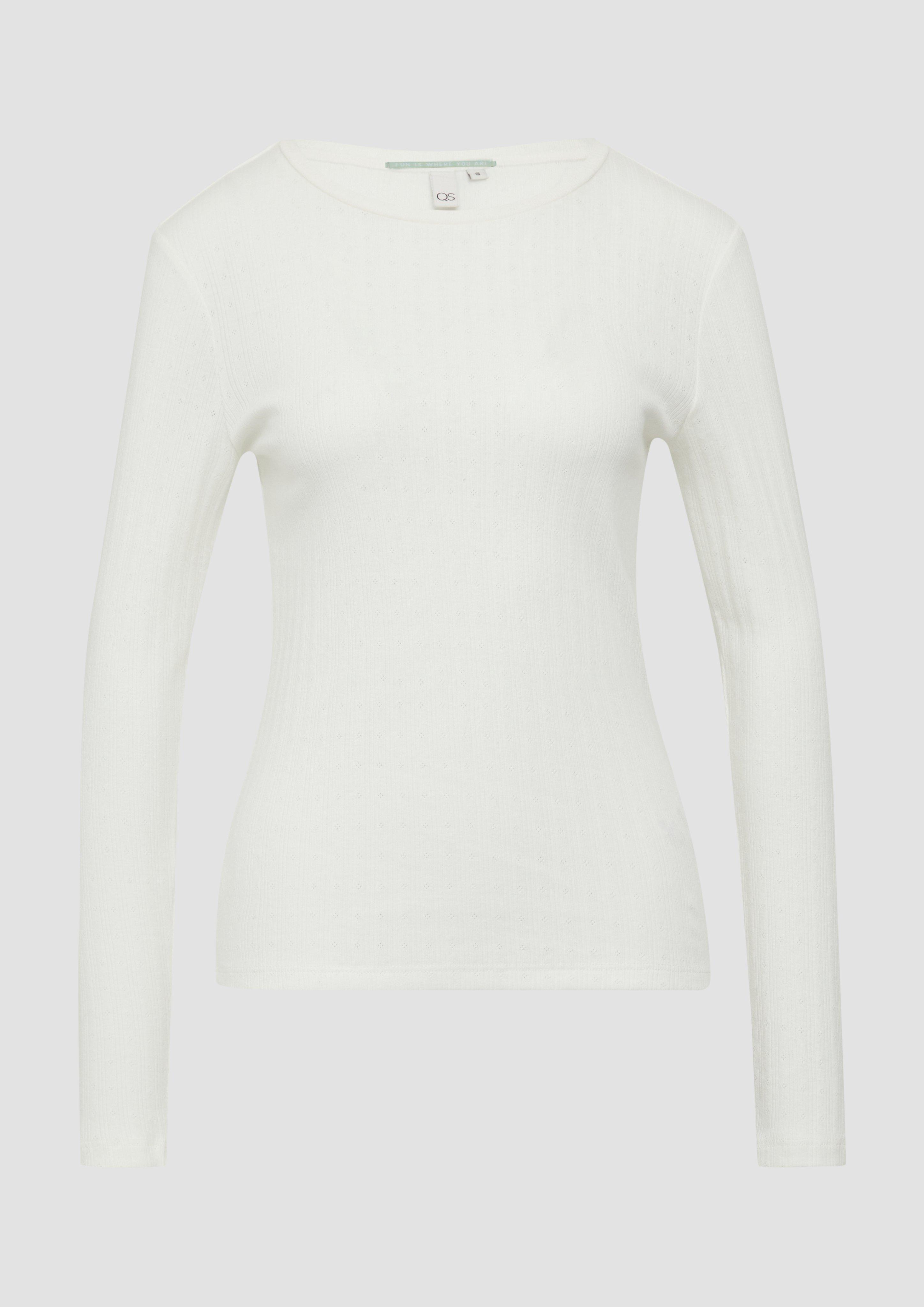 QS - Slim Fit Langarmshirt mit Ajourmuster, Damen, creme