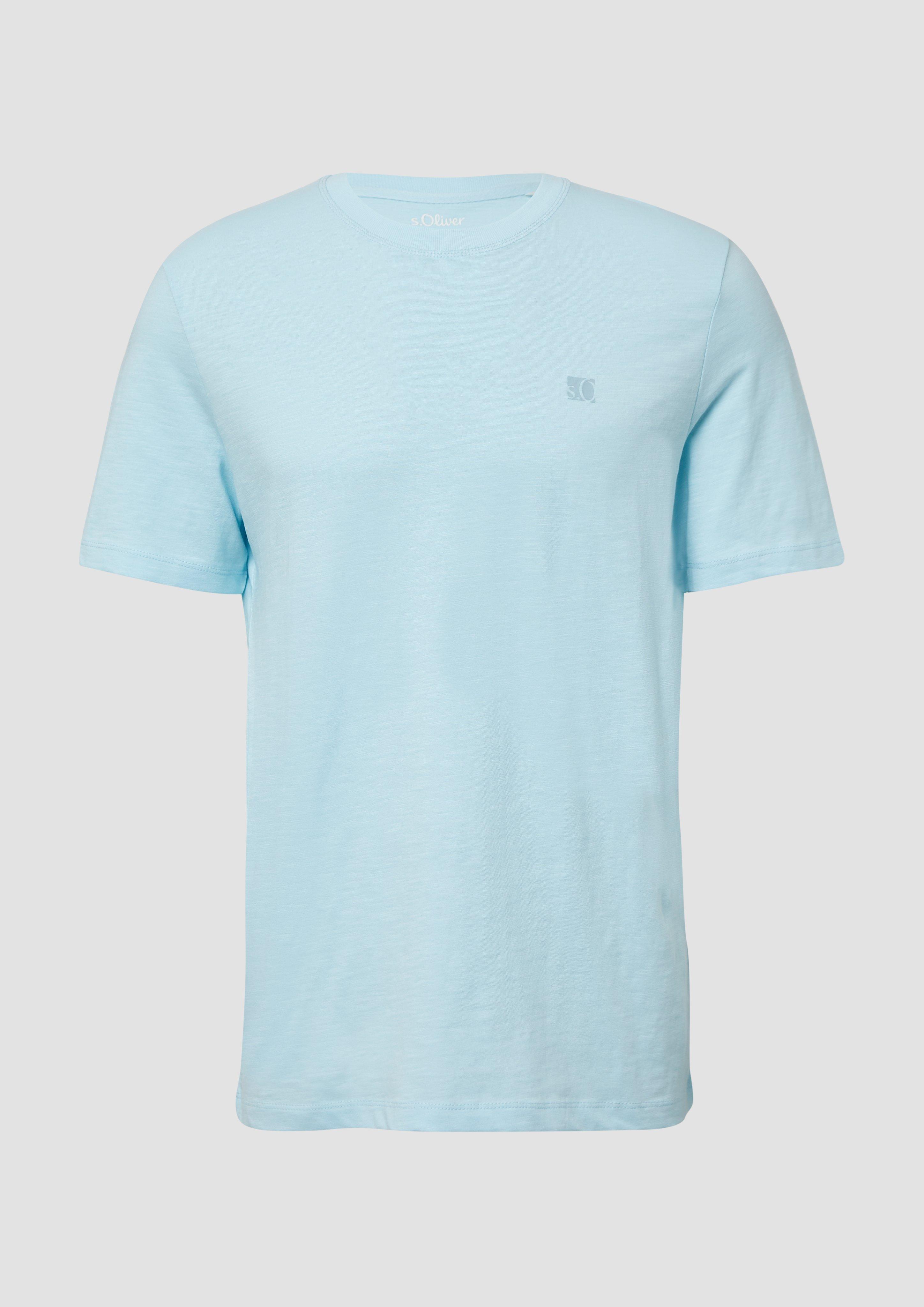 s.Oliver - T-Shirt mit Flammgarnstruktur und Logo-Print, Herren, türkis