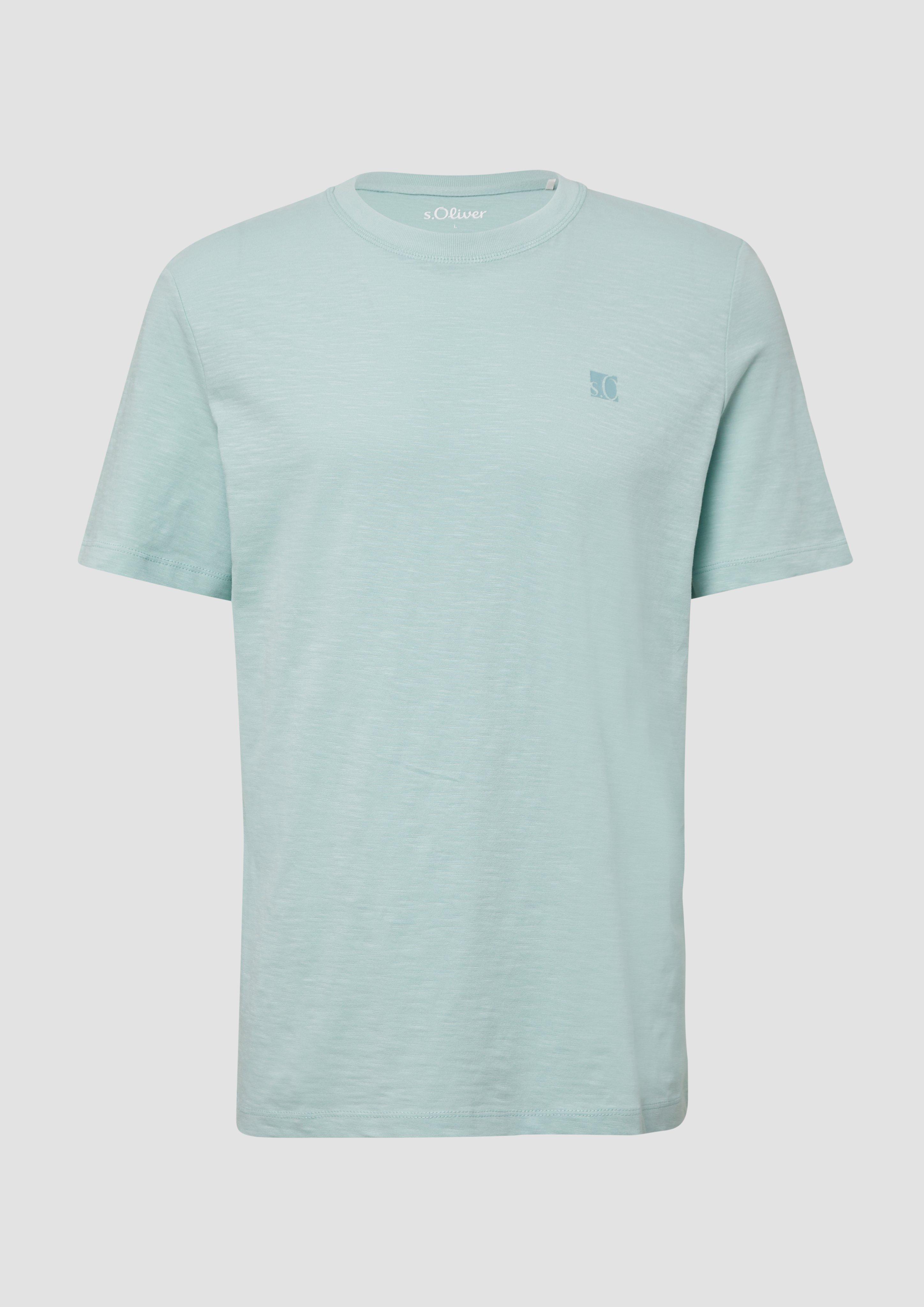 s.Oliver - T-Shirt mit Flammgarnstruktur und Logo-Print, Herren, türkis
