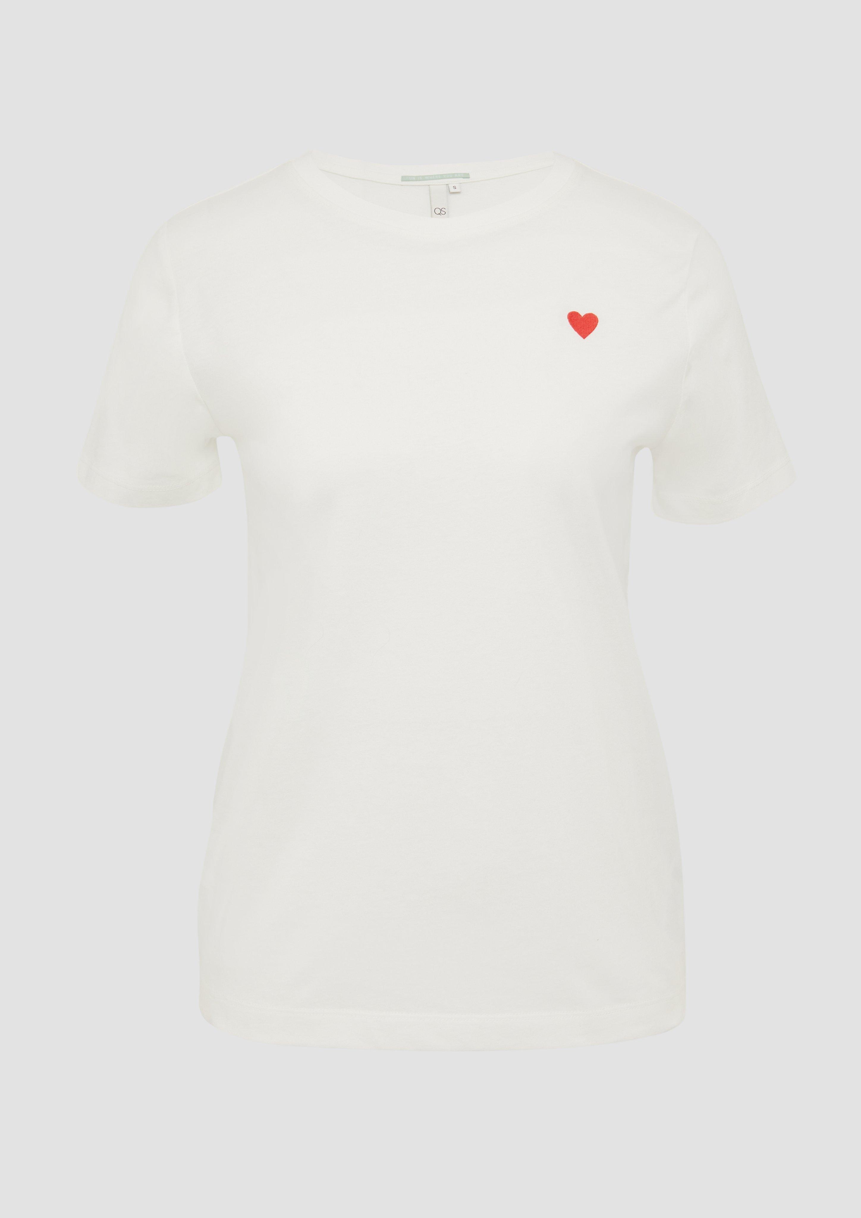 QS - Jerseyshirt mit Herz-Stickerei, Damen, creme