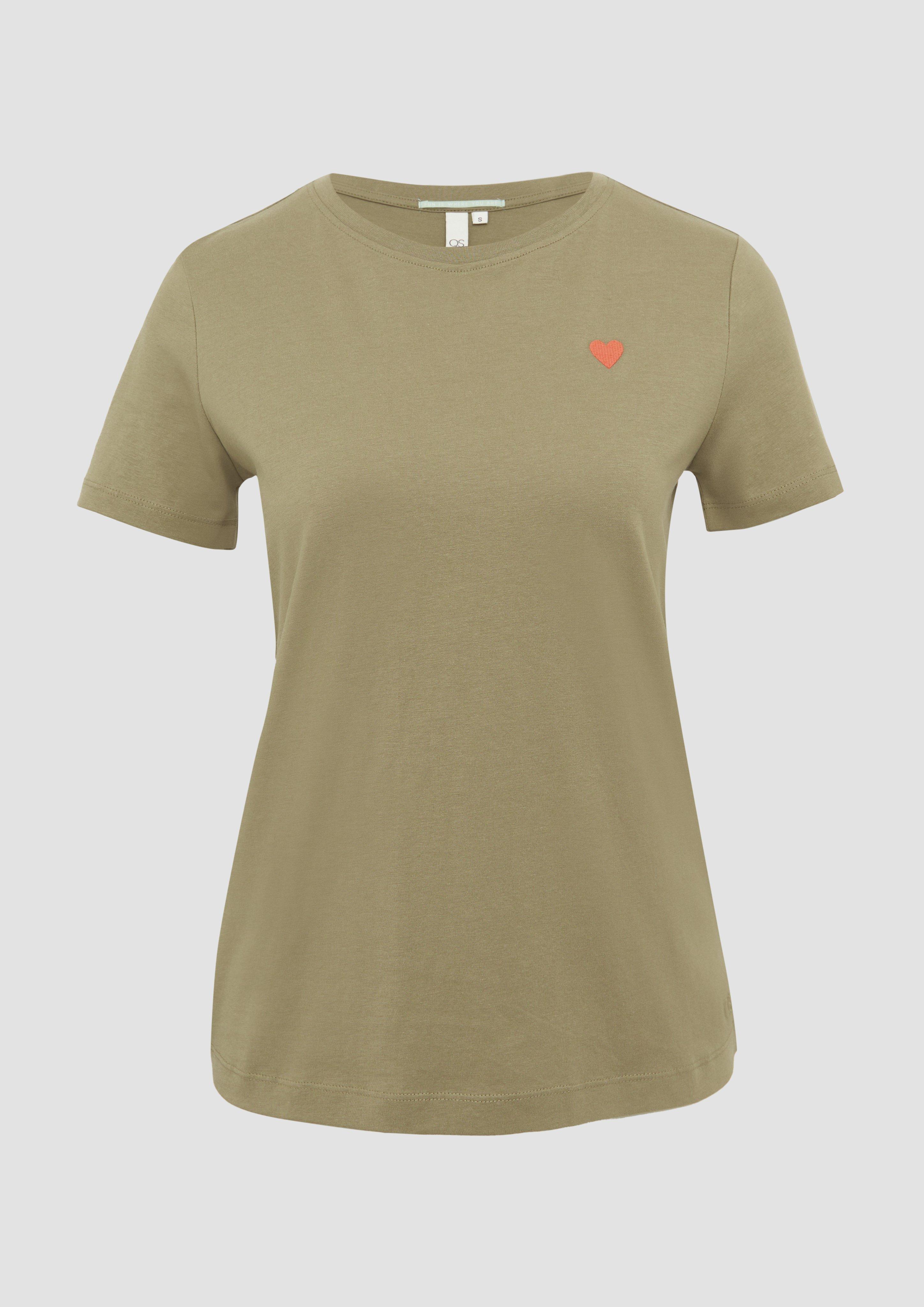QS - Jerseyshirt mit Herz-Stickerei, Damen, Grün