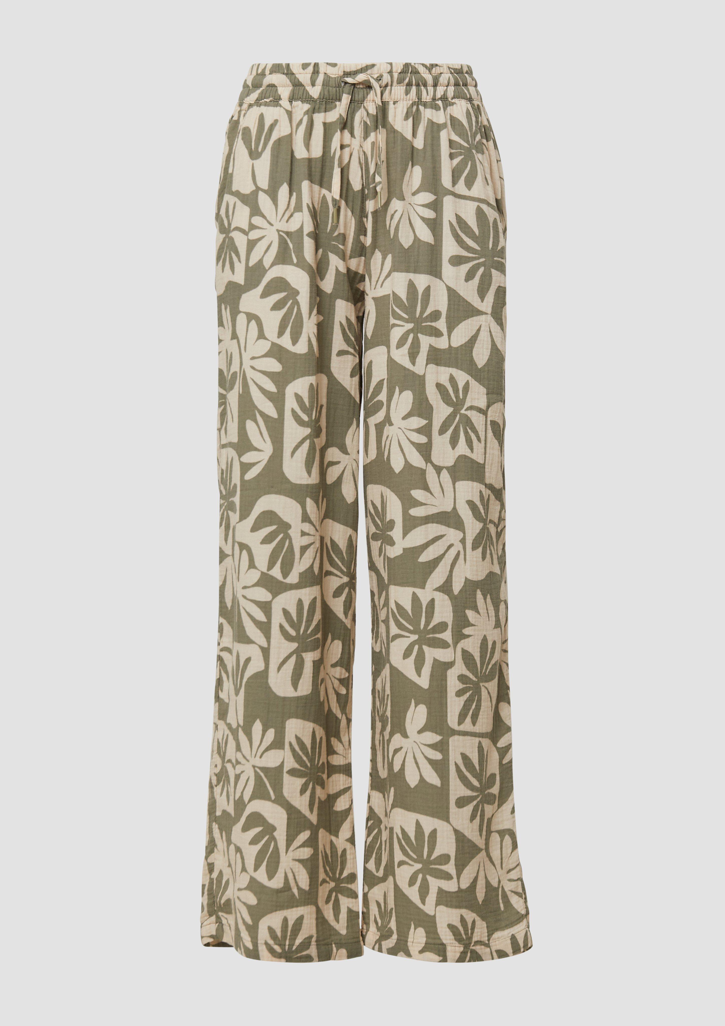 QS - Wide-Leg-Hose aus Musselin, Damen, grün|beige
