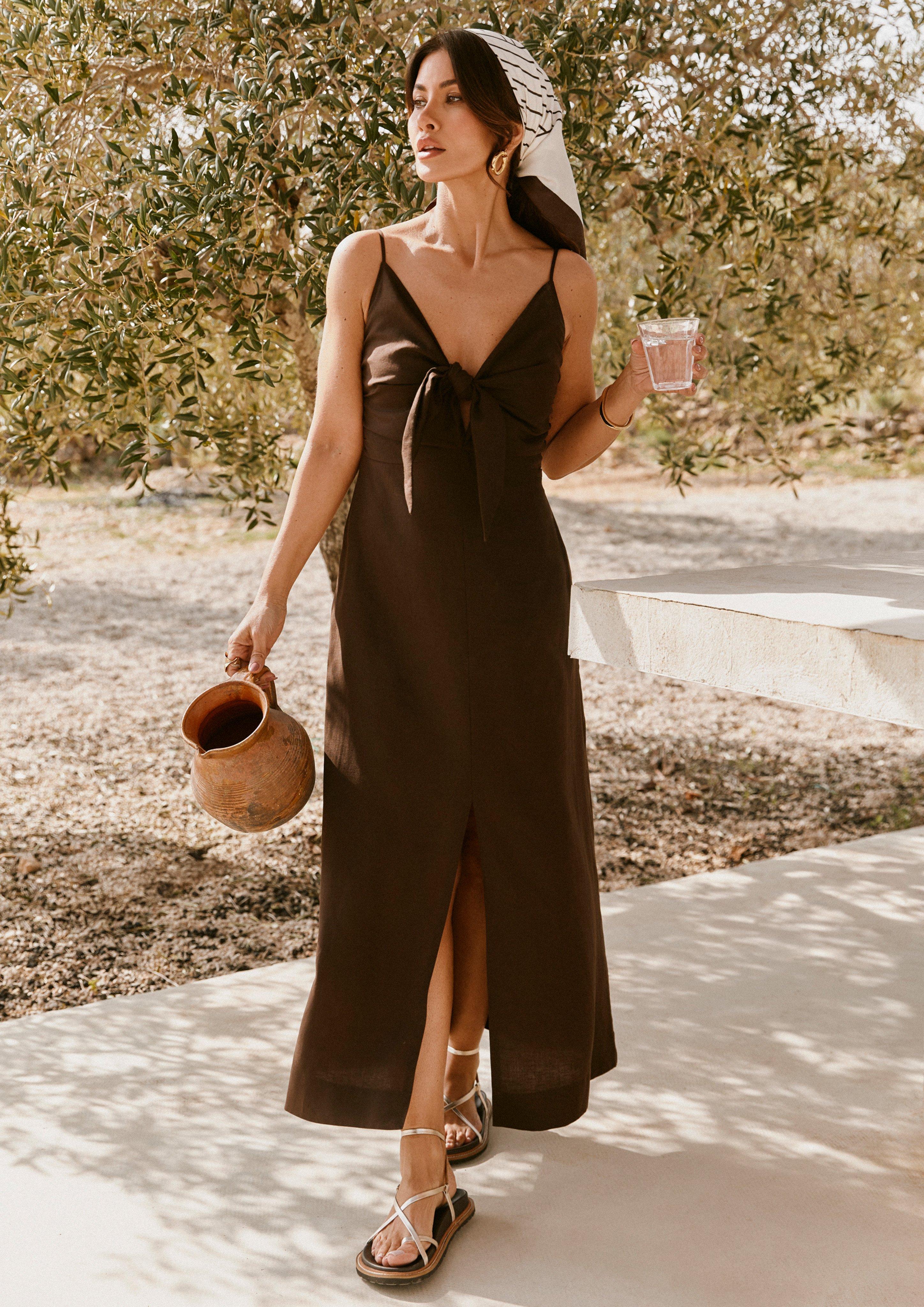Flared maxi dress with knot and smock detail | comma x Füsun