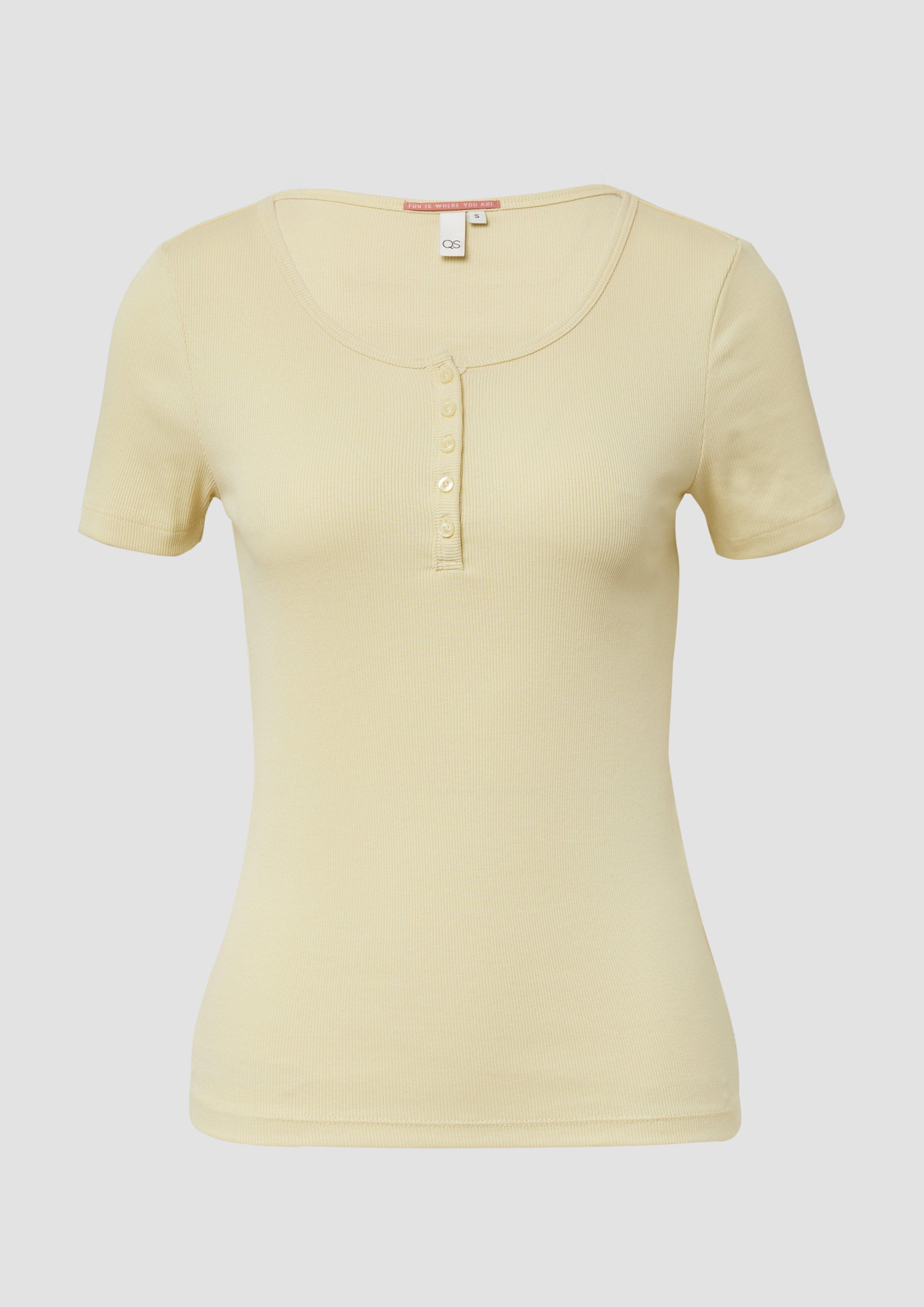 QS - Geripptes T-Shirt mit Knopfleiste, Damen, gelb