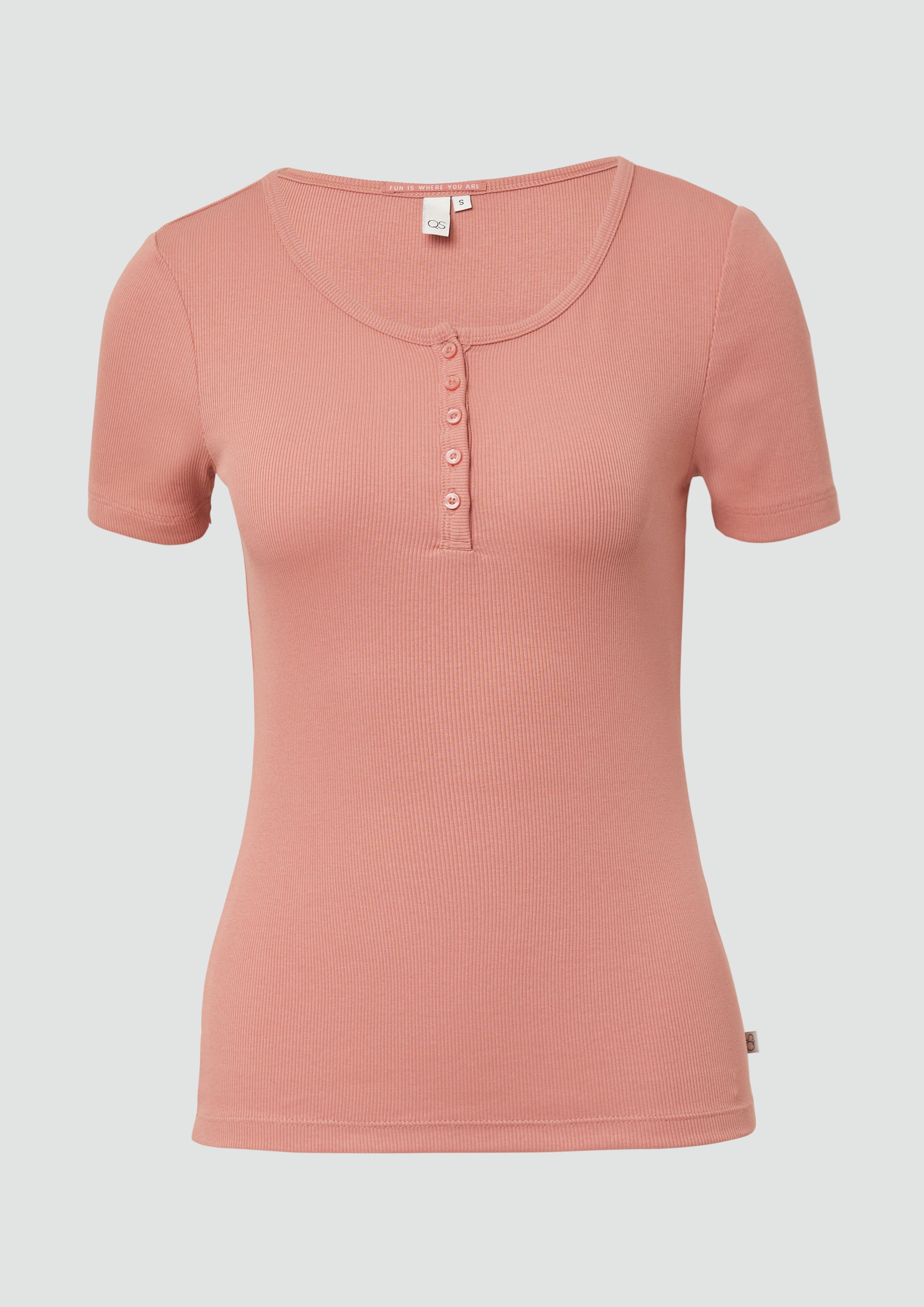 QS - Geripptes T-Shirt mit Knopfleiste, Damen, Orange