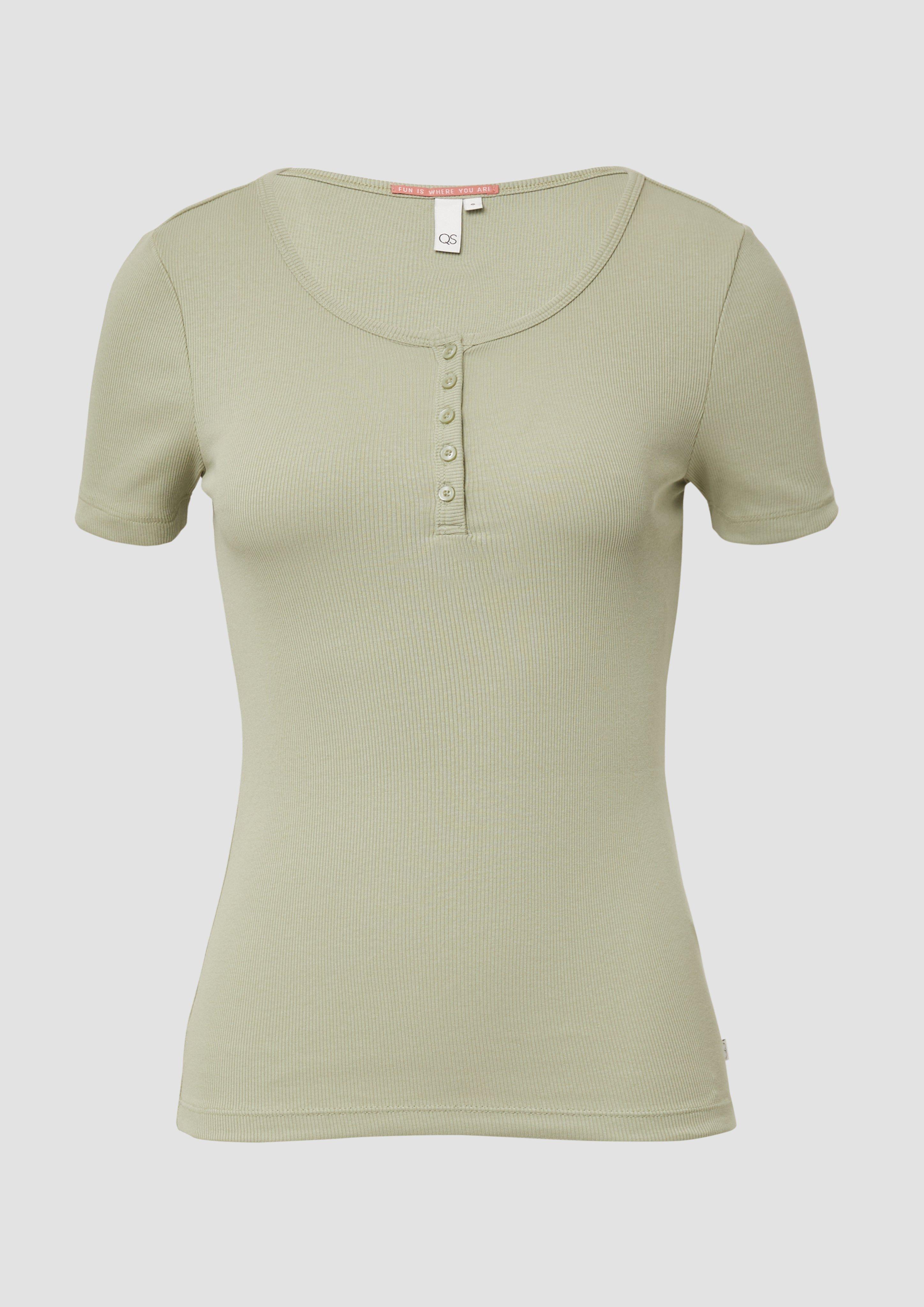 QS - Geripptes T-Shirt mit Knopfleiste, Damen, grün