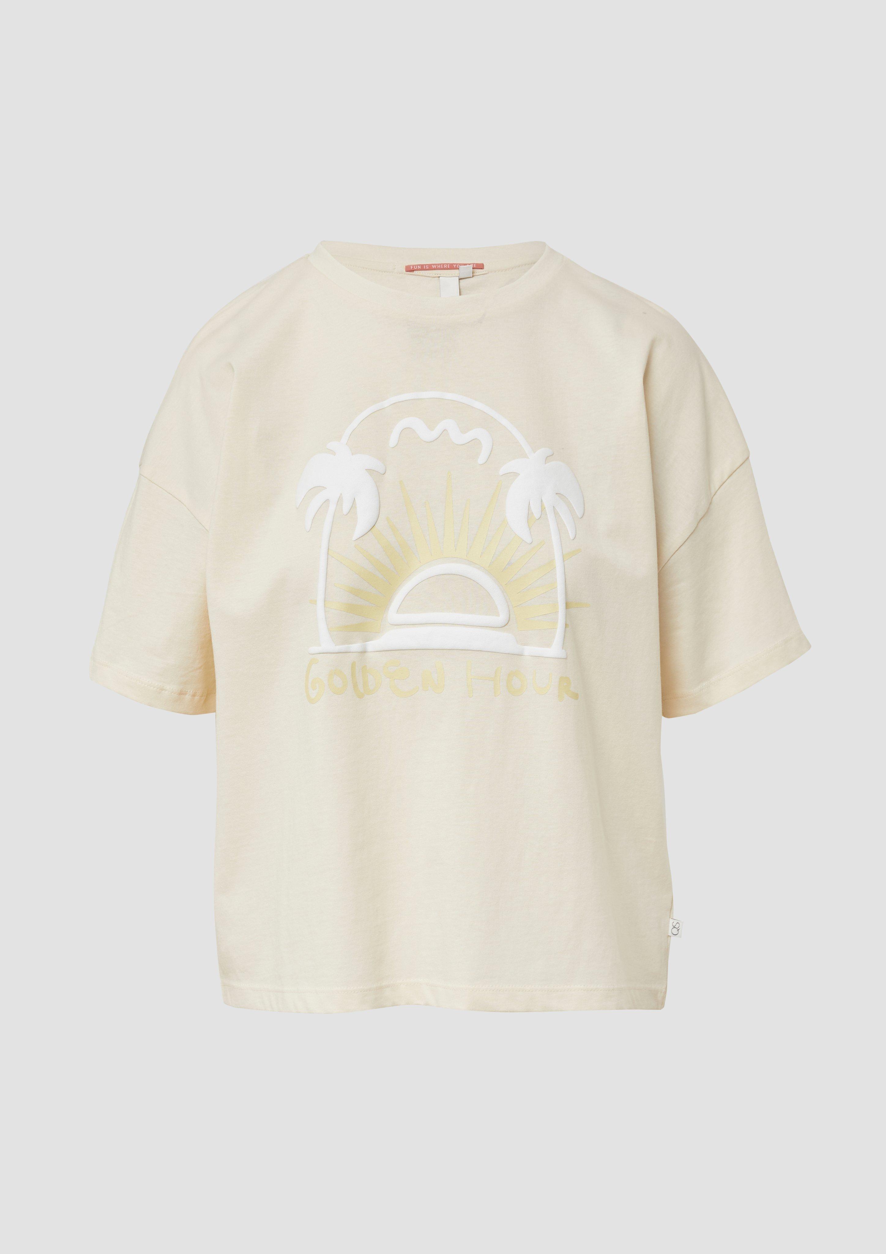 QS - Baumwollshirt mit Frontprint, Damen, Beige