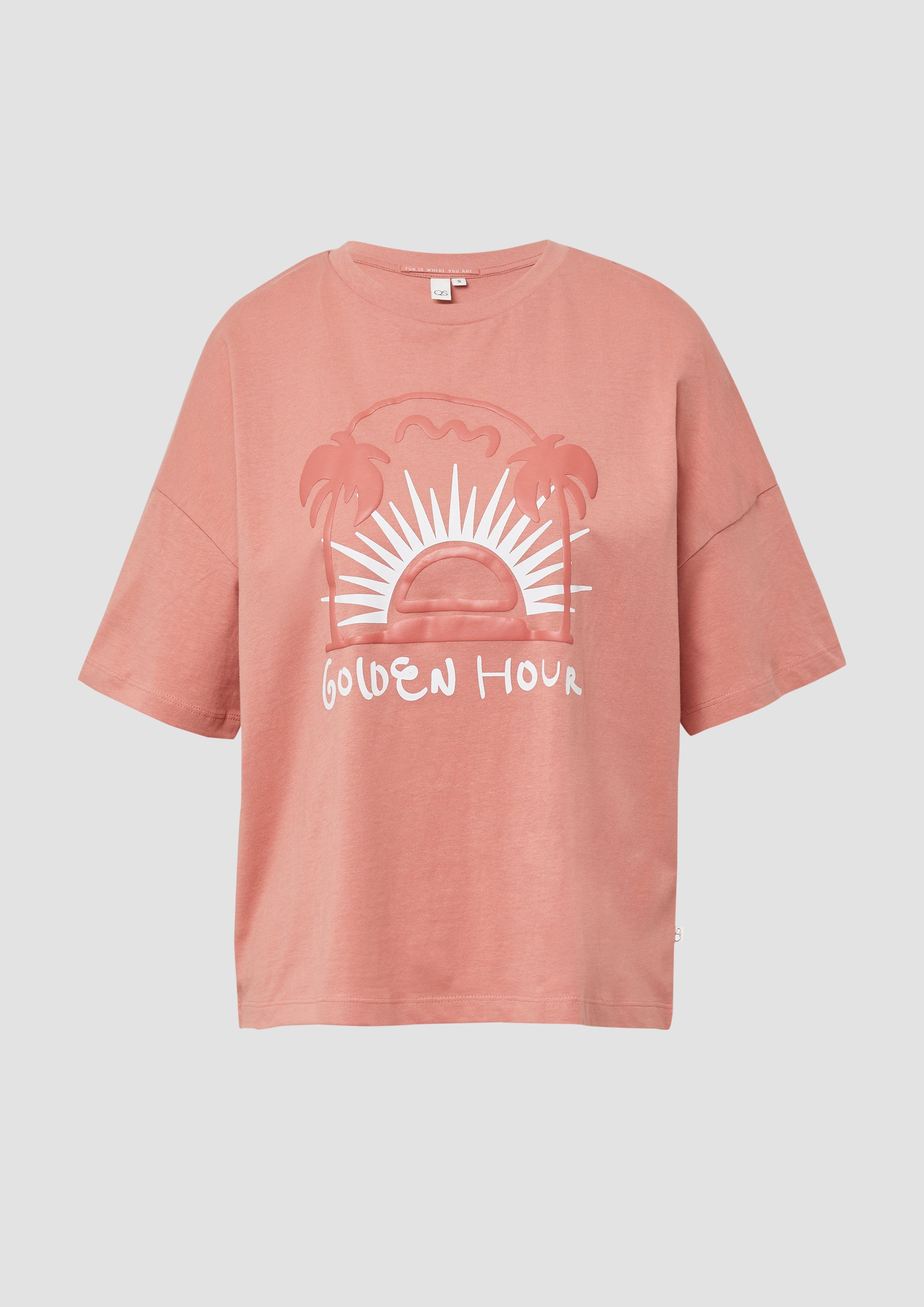 QS - Baumwollshirt mit Frontprint, Damen, Orange