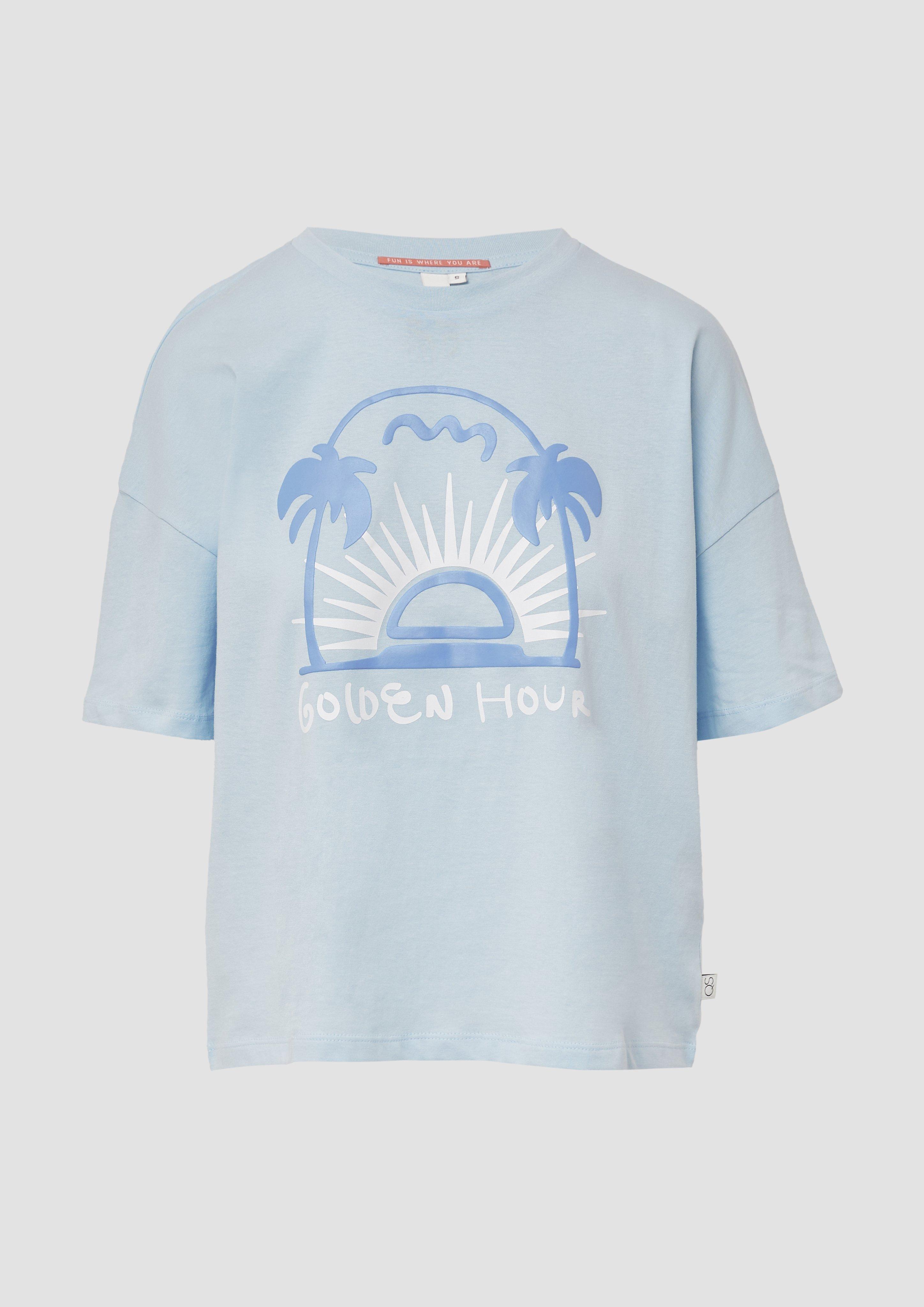 QS - Baumwollshirt mit Frontprint, Damen, blau